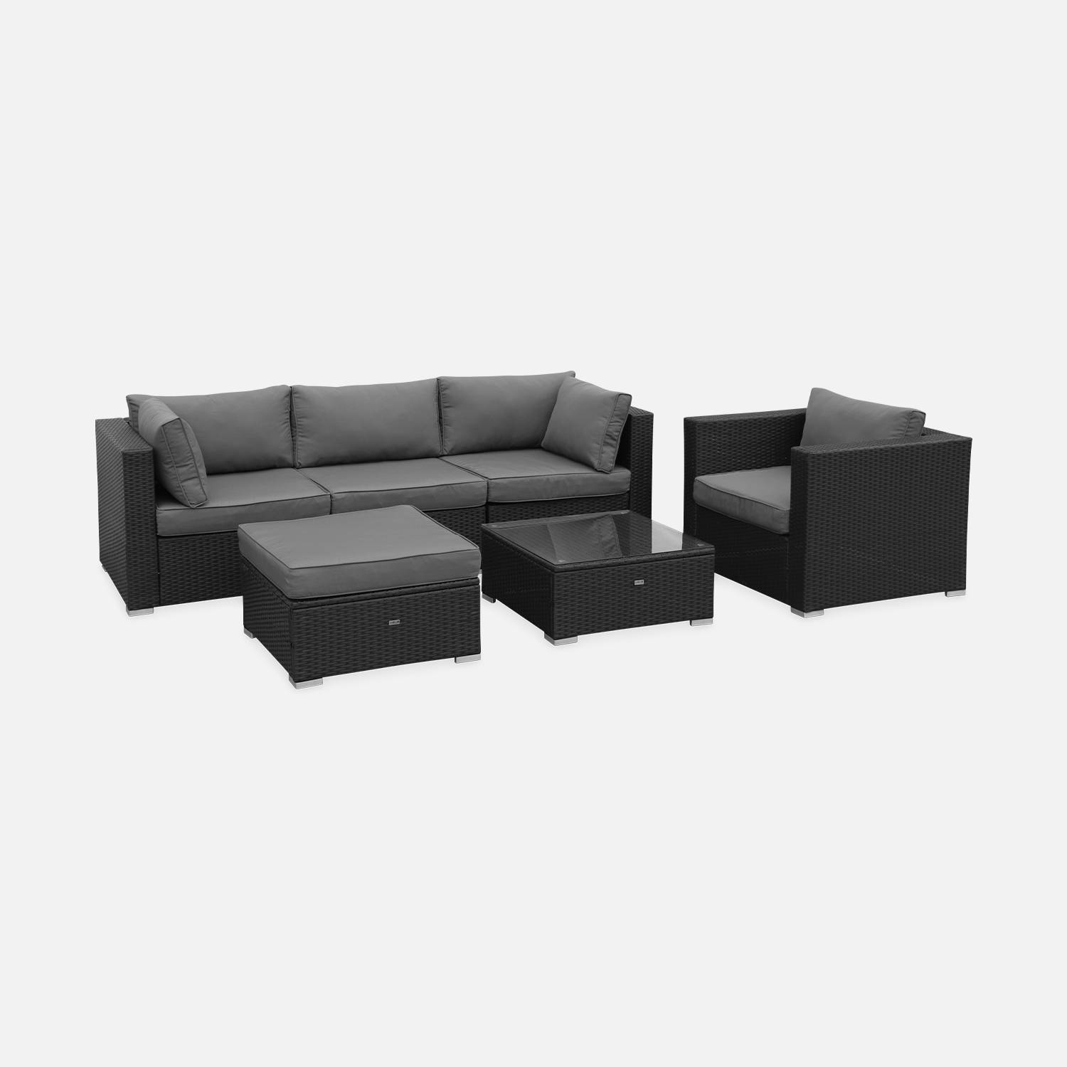 Conjunto de mobiliário de jardim Caligari em resina tecida, 5 lugares - preto, almofadas cinzentas | sweeek