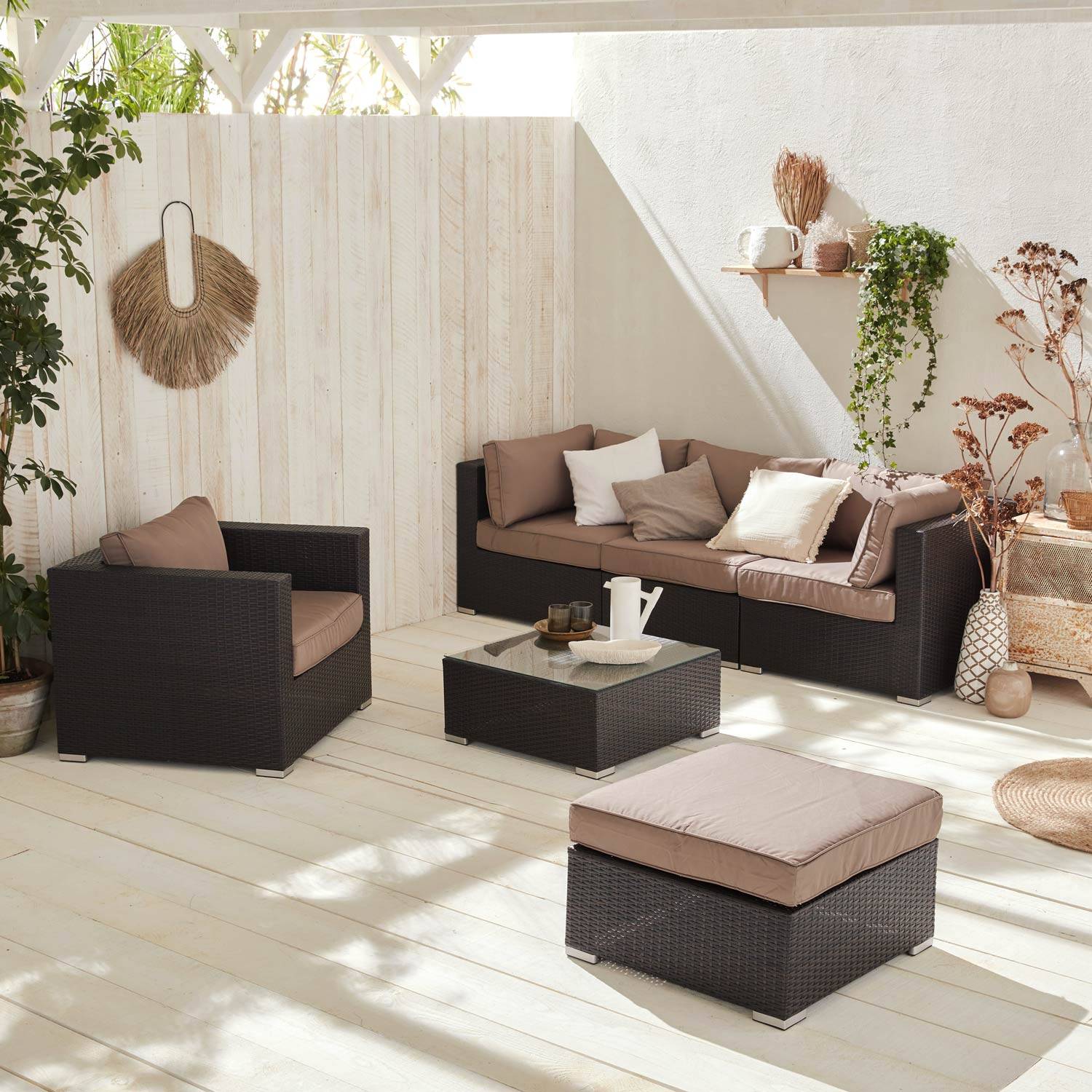 5-seater polyrattan garden sofa set, Brown / Chocolate  | sweeek