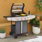 Barbecue au gaz - Bazin 3 Gris anthracite -  Cuisine extérieure 3 brûleurs + 1 feu latéral avec tablettes et thermomètre, rangement, roues Photo3
