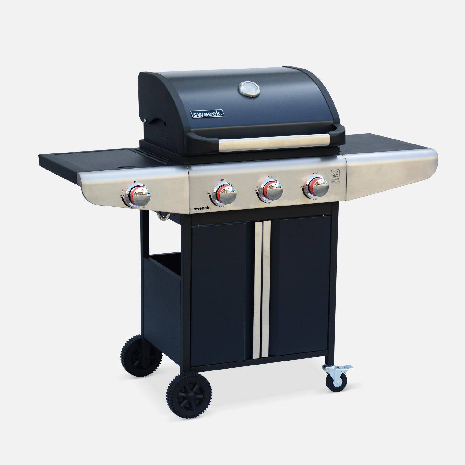 Barbecue au gaz - Bazin 3 Gris anthracite -  Cuisine extérieure 3 brûleurs + 1 feu latéral avec tablettes et thermomètre, rangement, roues,sweeek,Photo4