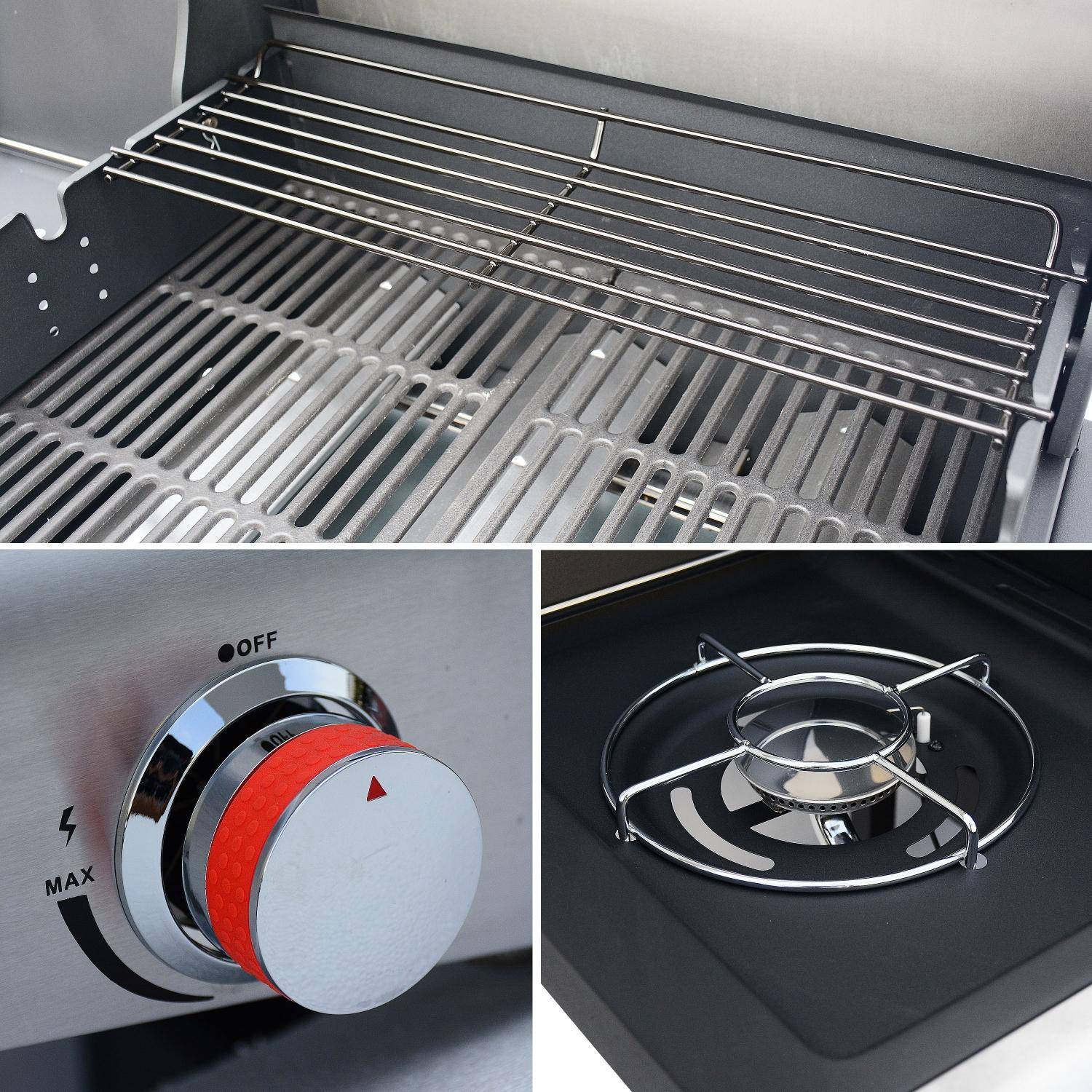 Barbecue au gaz - Bazin 3 Gris anthracite -  Cuisine extérieure 3 brûleurs + 1 feu latéral avec tablettes et thermomètre, rangement, roues,sweeek,Photo5