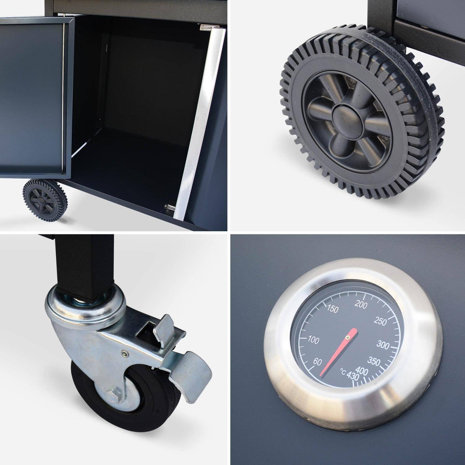 Barbecue au gaz - Bazin 3 Gris anthracite -  Cuisine extérieure 3 brûleurs + 1 feu latéral avec tablettes et thermomètre, rangement, roues Photo7