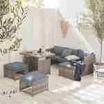 Salon de jardin 6 places - Reggiano - Coloris Nuances de gris, Coussins gris taupe, table de jardin avec canapé, méridienne et 2 poufs encastrables Photo1