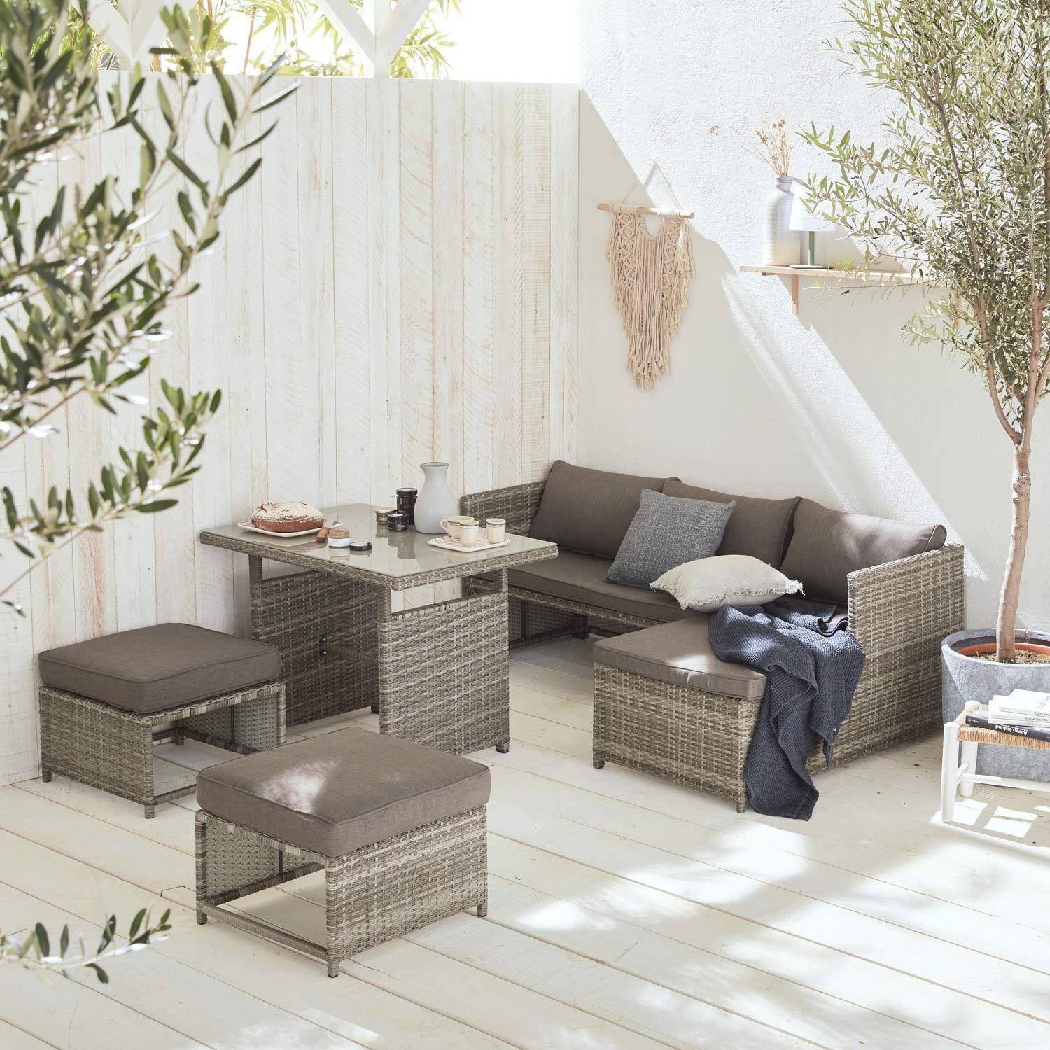 Gartenmöbel-Set für 6 Personen - Reggiano - Grautöne, grau melierte Kissen, Gartentisch mit Sofa, Chaiselongue und 2 verstaubaren Hockern Photo1
