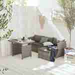 Salon de jardin 6 places - Reggiano - Résine grise, Coussins gris- Table de jardin avec canapé, méridienne et 2 poufs encastrables Photo2