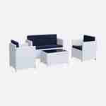 Salon de jardin en résine tressée - Perugia - Blanc, Coussins bleus- 4 places - 1 canapé, 2 fauteuils, une table basse Photo1