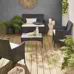 Salotto da giardino in resina intrecciata - modello: Moltès - colore: Nero, cuscini, colore: Ecru - 4 posti - 1 divano, 2 poltrone, un tavolino basso Photo1