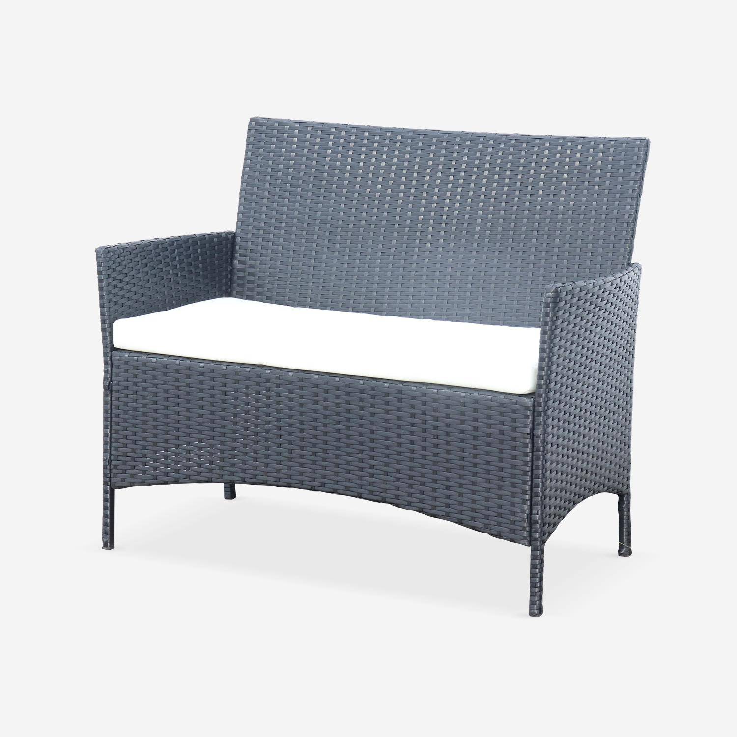 Zestaw mebli ogrodowych z technorattanu - Moltès - Czarny, poduszki ecru - Miejsca siedzące dla 4 osób - 1 sofa, 2 fotele, 1 stolik kawowy,sweeek,Photo3