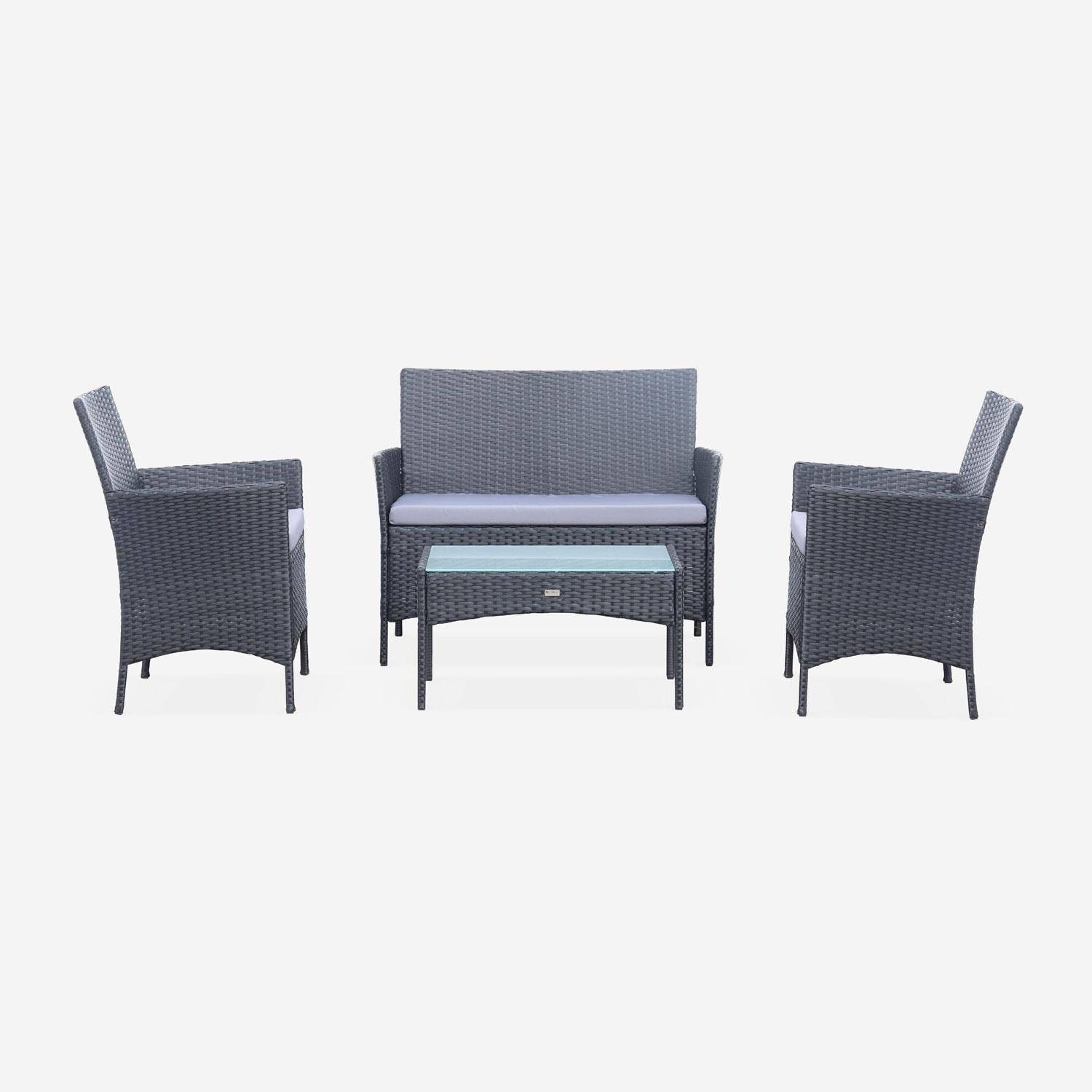 Salotto da giardino in resina intrecciata - modello: Moltès - colore: Nero, cuscini, colore: Grigio - 4 posti - 1 divano, 2 poltrone, un tavolino  basso Photo2