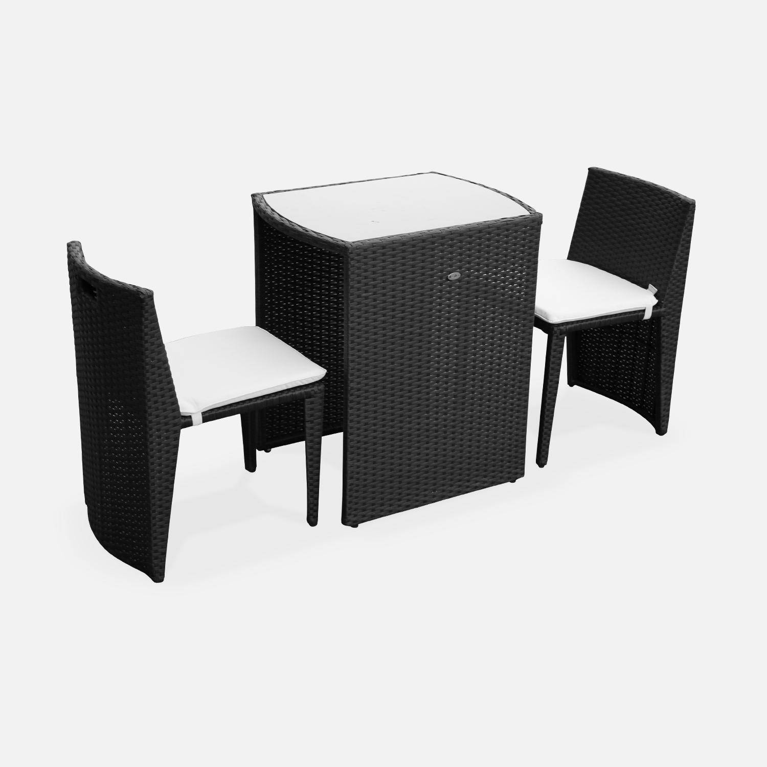 Gartentisch aus Kunststoffrattan - Doppio - Schwarz, ecrufarbene Kissen - 2 Plätze, zusammenschiebbar für Balkon und Terrasse Photo1