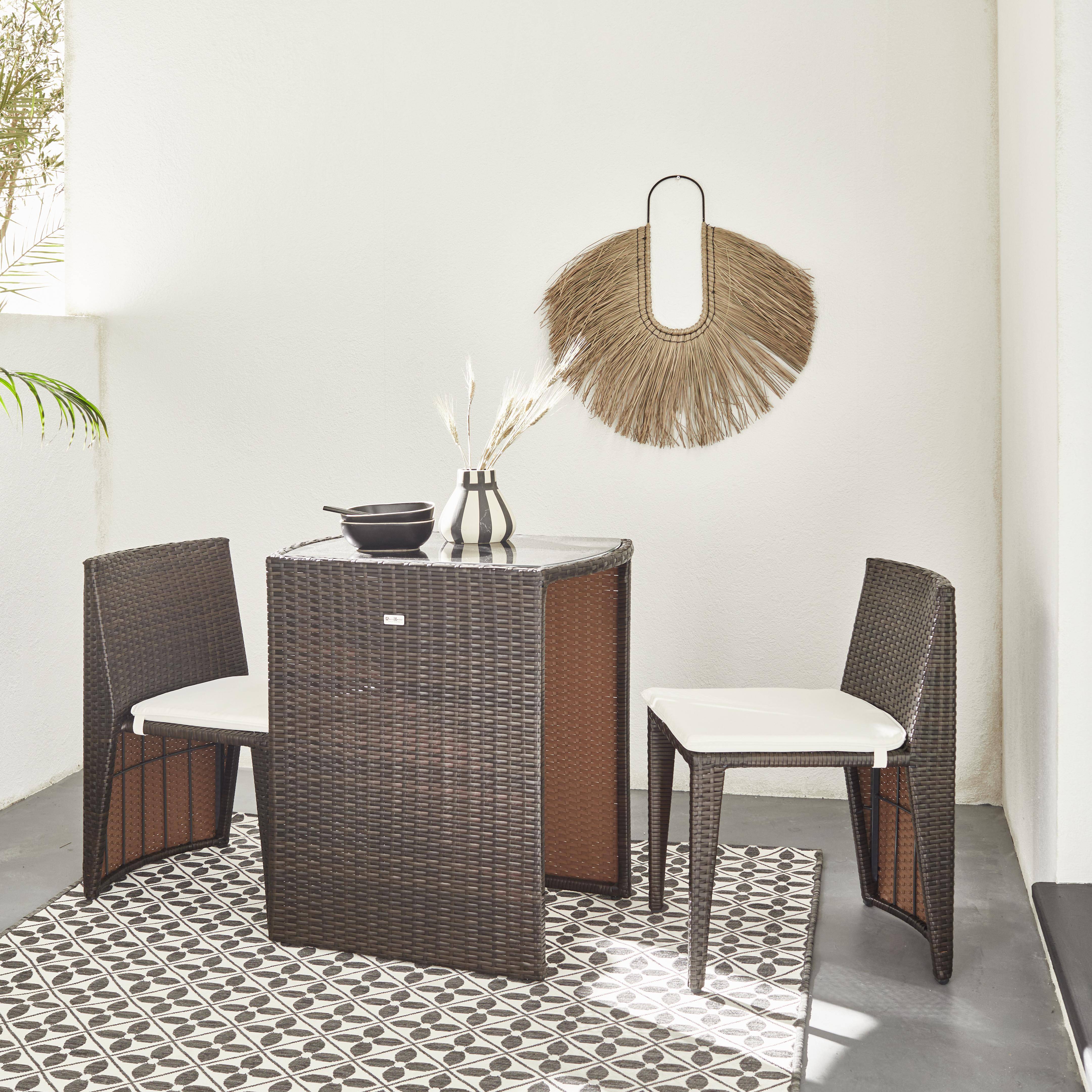 Table de jardin en résine tressée - Doppio - Chocolat, Coussins écru - 2 chaises, encastrable pour balcon et terrasse Photo1