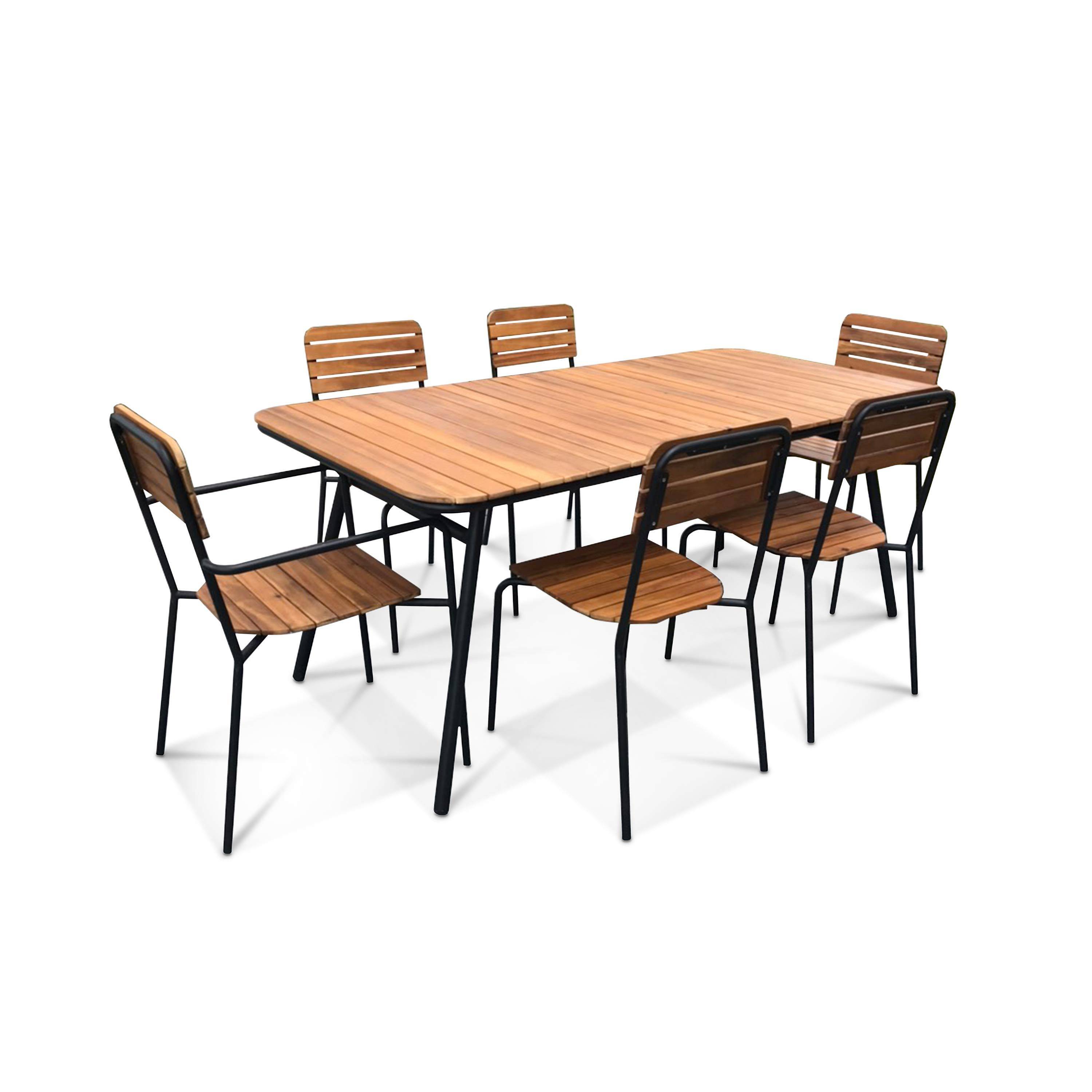 Gartenmöbel-Set aus Holz und Metall 180x90cm - Lima - Rechteckiger Tisch aus Akazie und Metall mit 4 Stühlen und 2 stapelbaren Sesseln Photo5