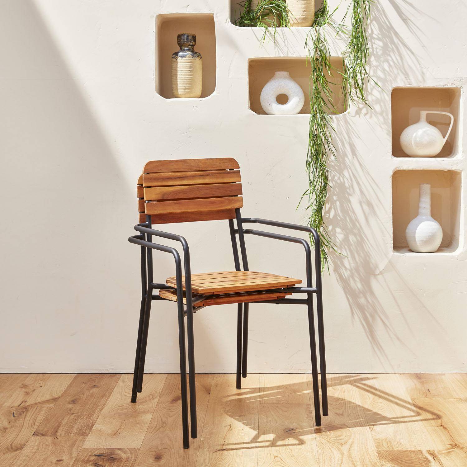 Gartenmöbel-Set aus Holz und Metall 180x90cm - Lima - Rechteckiger Tisch aus Akazie und Metall mit 4 Stühlen und 2 stapelbaren Sesseln Photo4