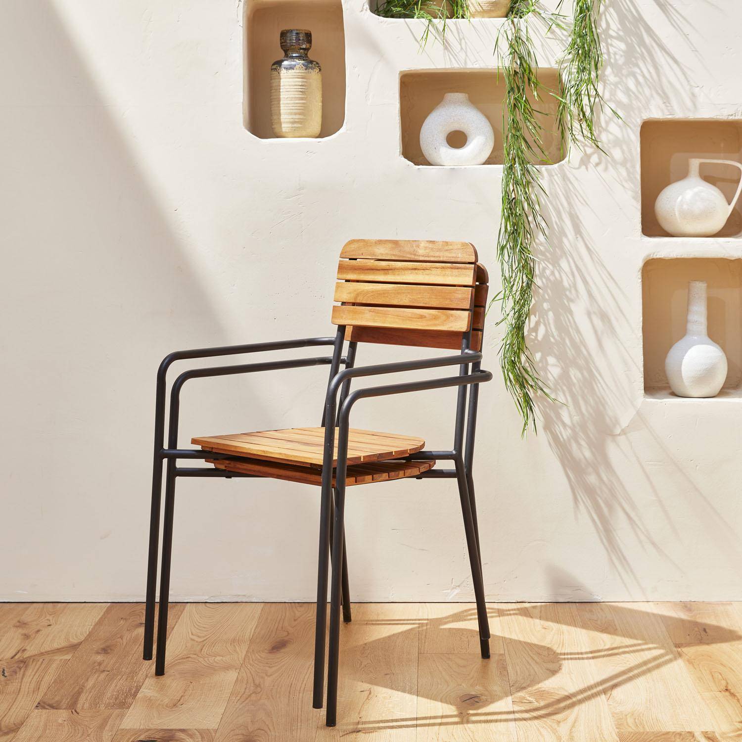 Gartenmöbel-Set aus Holz und Metall 180x90cm - Lima - Rechteckiger Tisch aus Akazie und Metall mit 4 Stühlen und 2 stapelbaren Sesseln Photo3