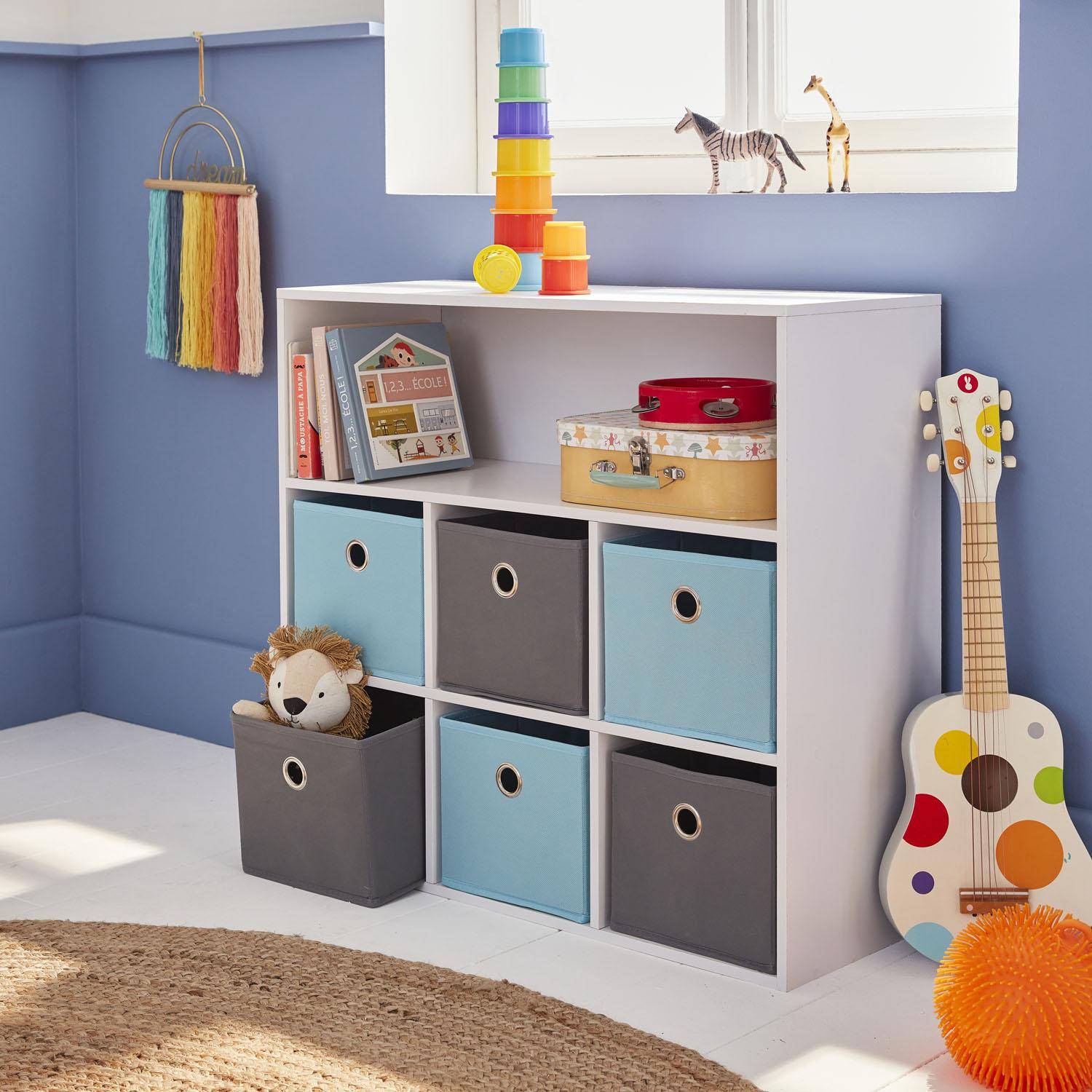 Storage unit for children, white - Camille - with 7 compartments and 6 baskets in grey and blue Photo1