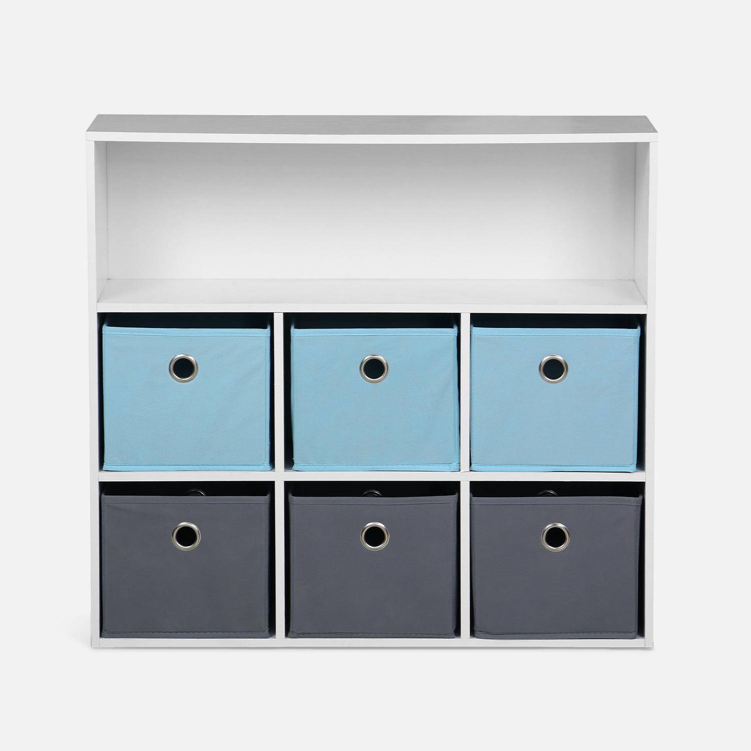 Mueble con almacenaje para niño, blanco - Camilo - con 7 compartimentos y 6 cestas grises y azules,sweeek,Photo4
