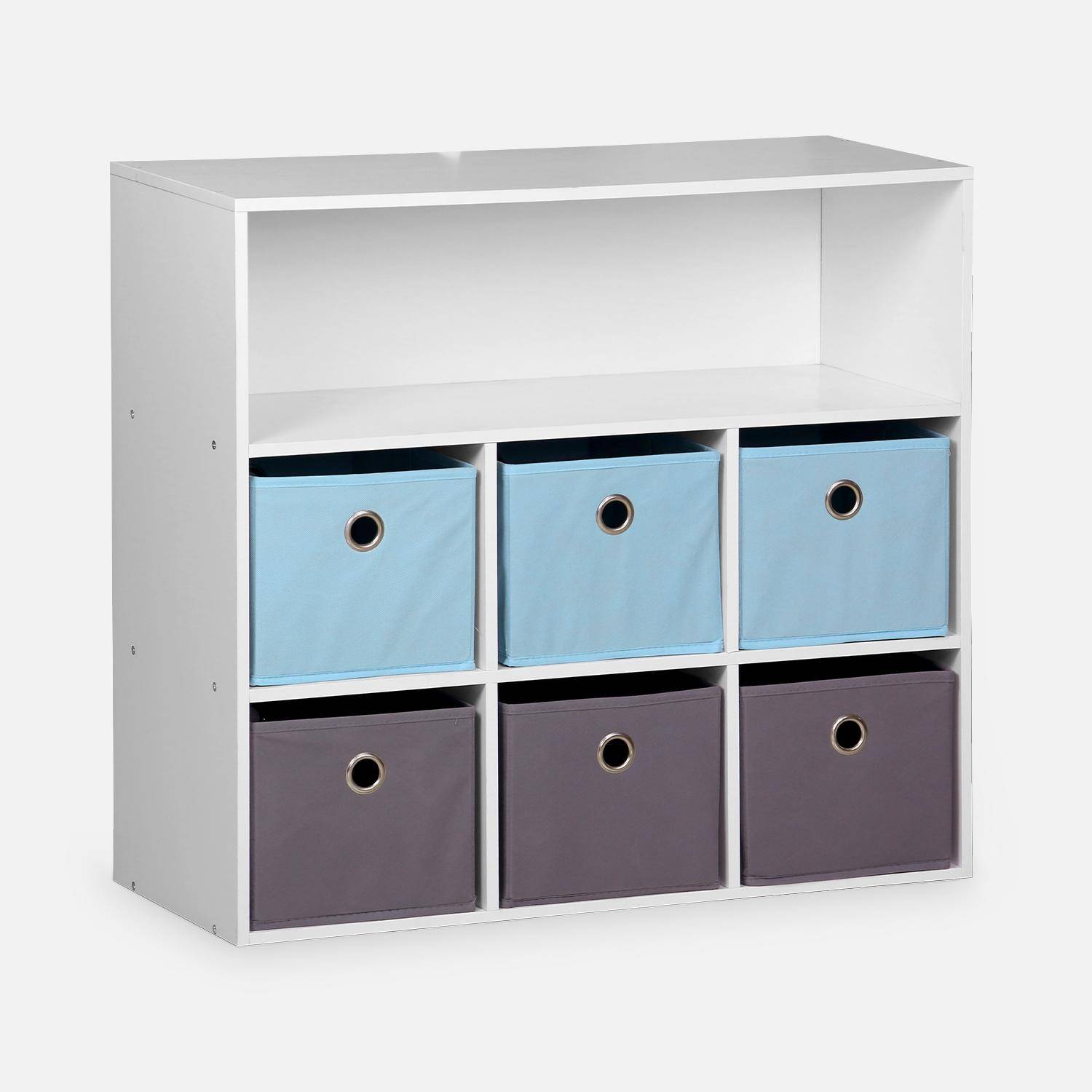 Storage unit for children, white - Camille - with 7 compartments and 6 baskets in grey and blue,sweeek,Photo3