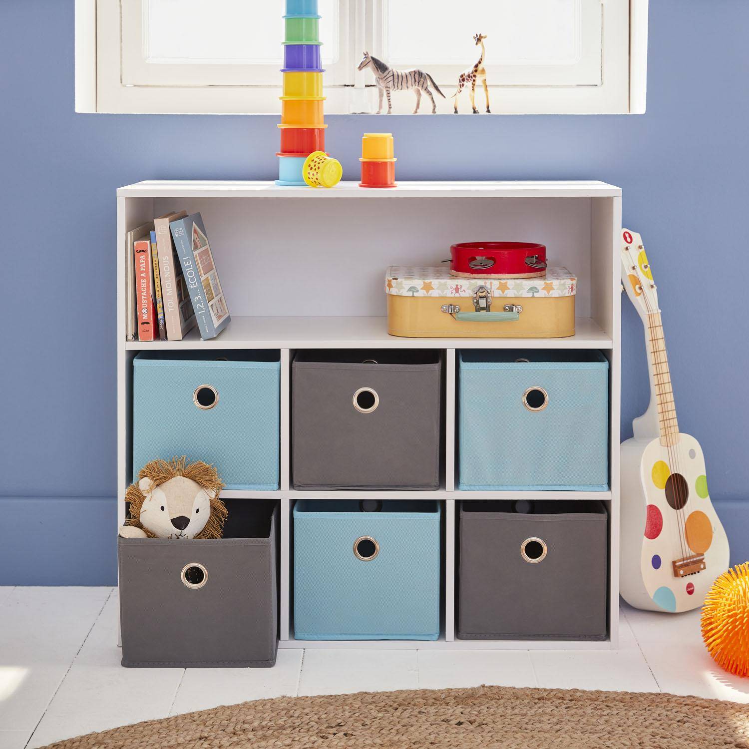 Mueble con almacenaje para niño, blanco - Camilo - con 7 compartimentos y 6 cestas grises y azules,sweeek,Photo2