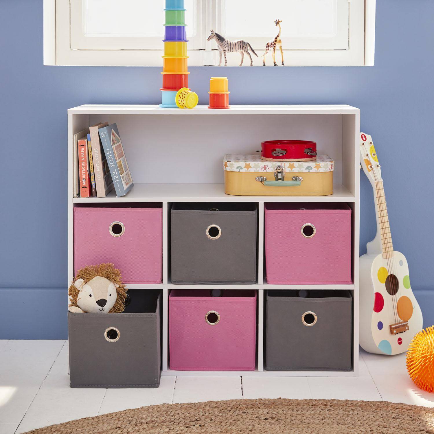 Opbergkast voor kinderen, wit, met 7 compartimenten en 6 grijze en roze manden,sweeek,Photo2