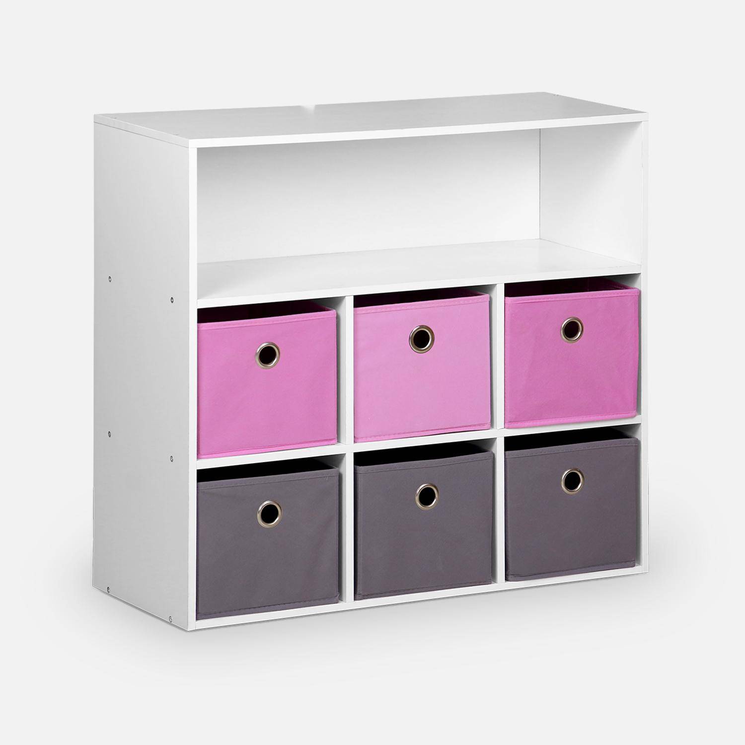 Storage unit for children, white - Camille - with 7 compartments and 6 baskets in grey and pink Photo3