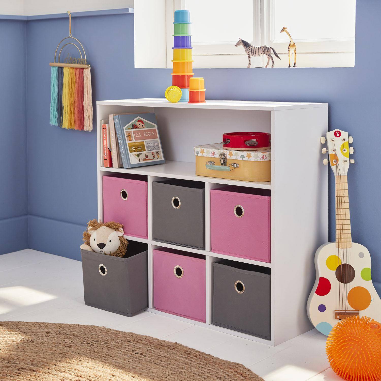 Storage unit for children, white - Camille - with 7 compartments and 6 baskets in grey and pink Photo1