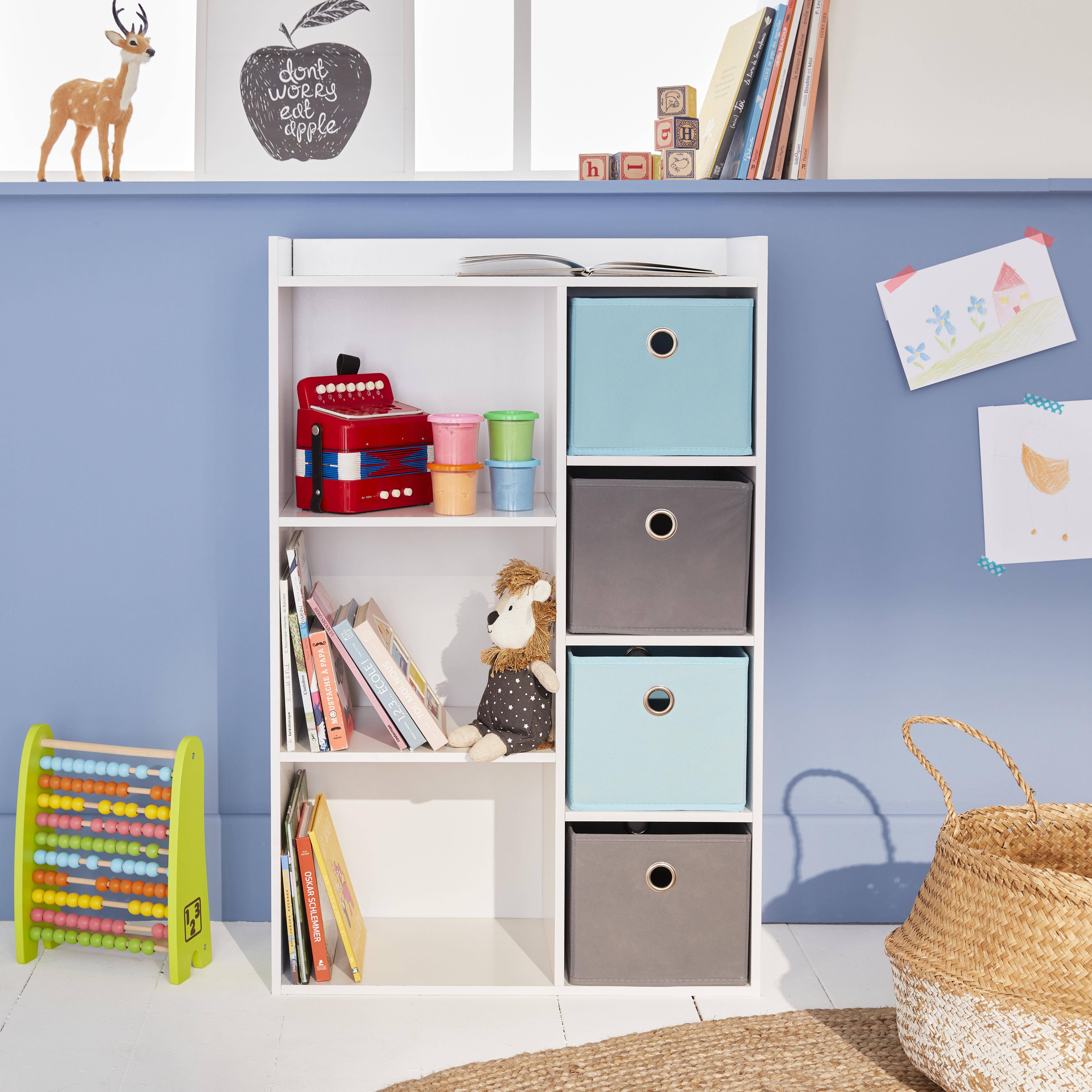 Mueble de almacenaje para niño, blanco - Camilo - con 7 compartimentos y 4 cestas grises y azules,sweeek,Photo1