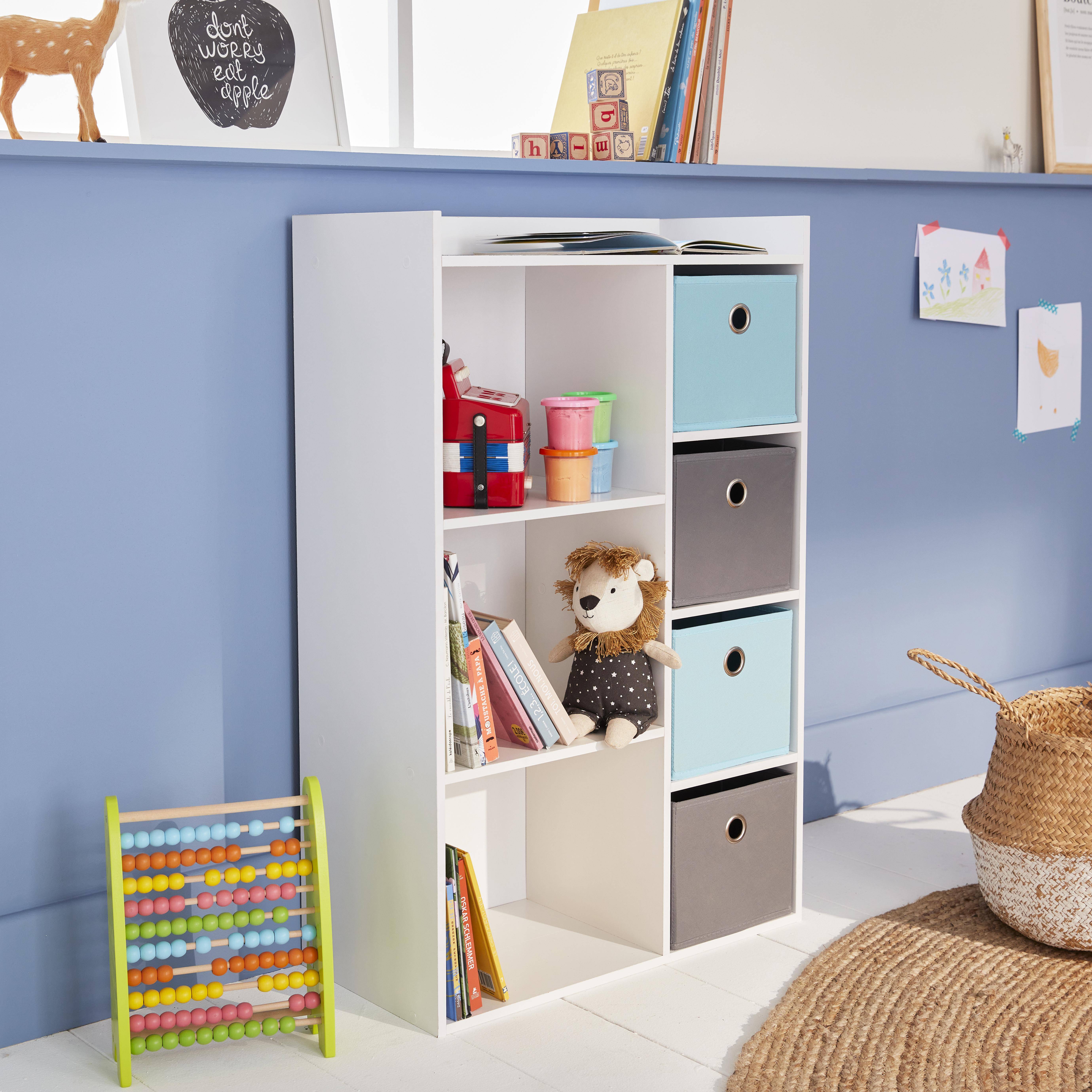 Mueble de almacenaje para niño, blanco - Camilo - con 7 compartimentos y 4 cestas grises y azules,sweeek,Photo2