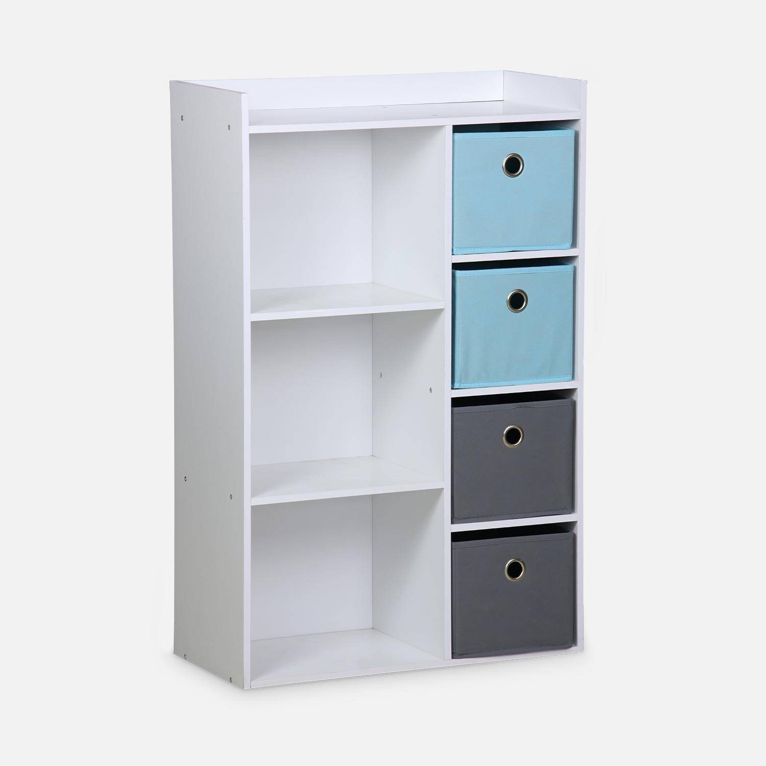 Mueble de almacenaje para niño, blanco - Camilo - con 7 compartimentos y 4 cestas grises y azules,sweeek,Photo3