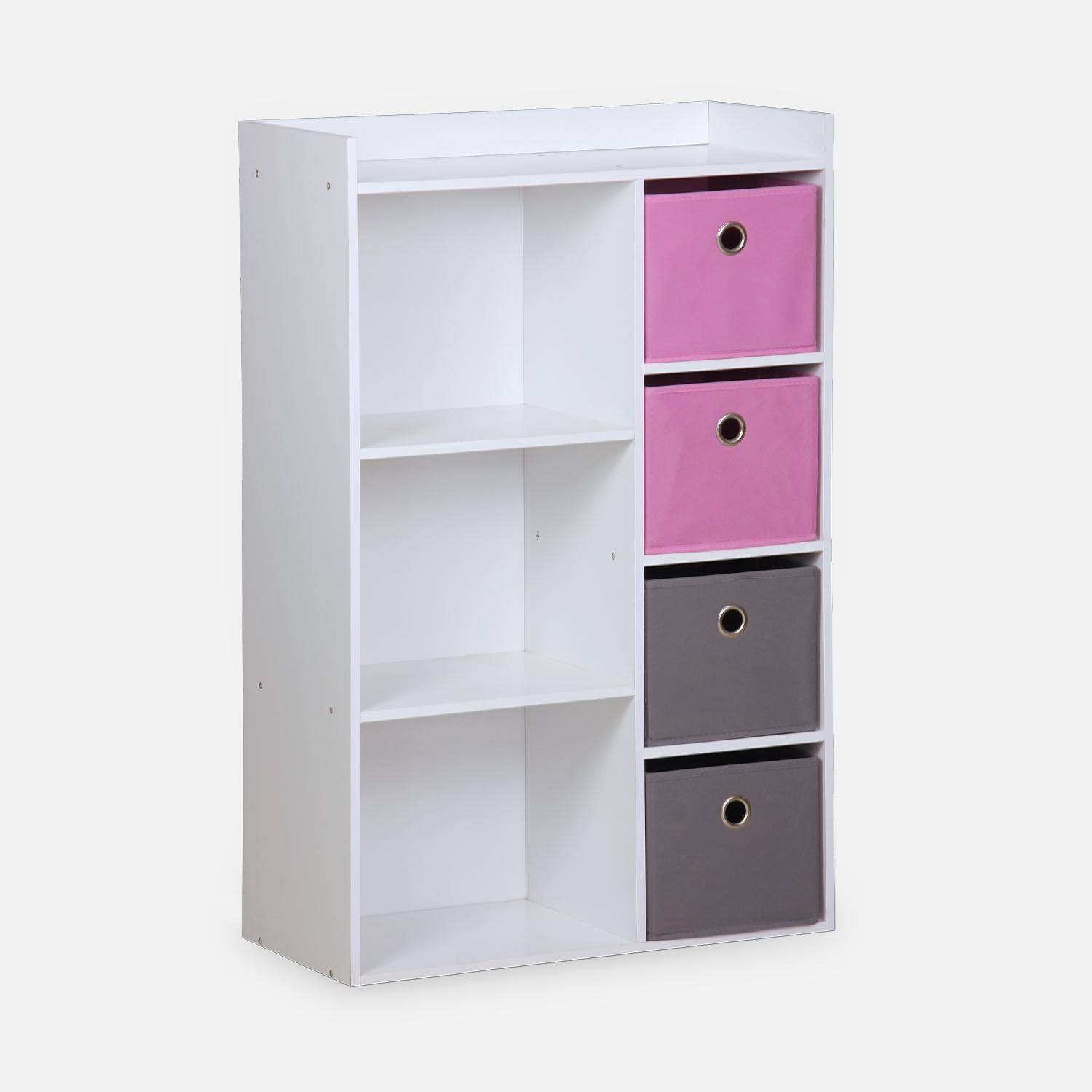 Mueble de almacenaje para niño, blanco - Camilo - con 7 compartimentos y 4 cestas grises y rosas,sweeek,Photo3