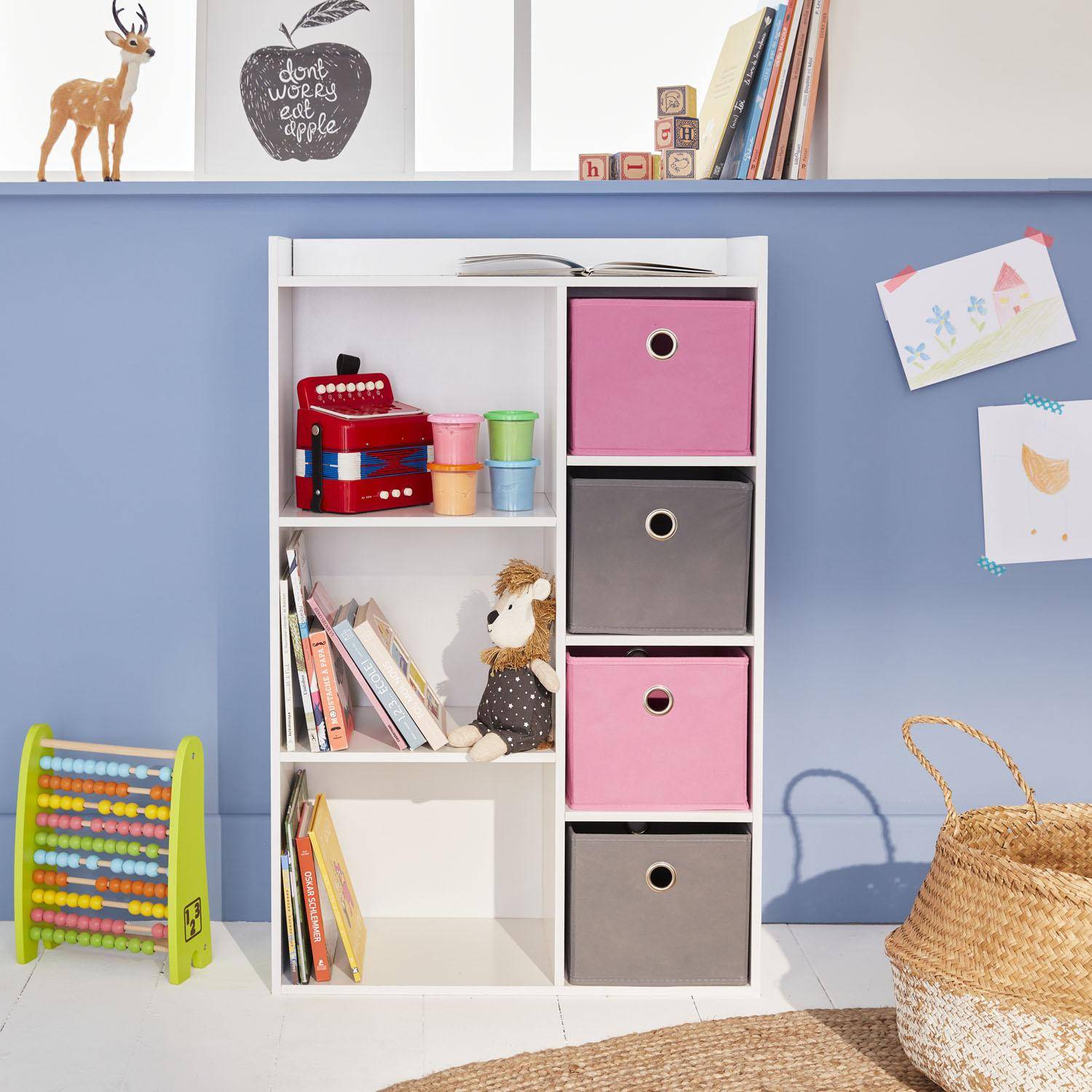 Storage unit for kids, white - Camille - with 7 compartments and 4 baskets in grey and pink Photo1