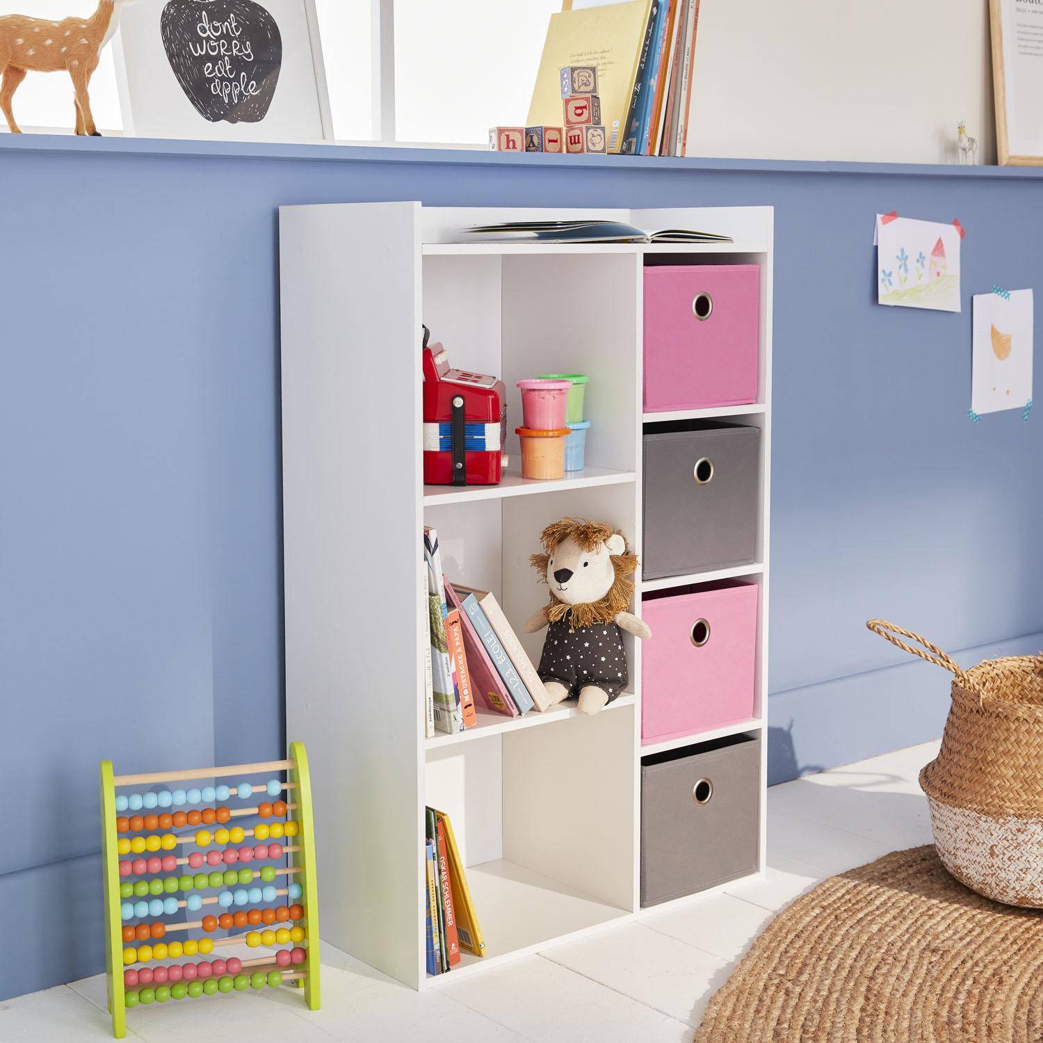 Mueble de almacenaje para niño, blanco - Camilo - con 7 compartimentos y 4 cestas grises y rosas,sweeek,Photo2