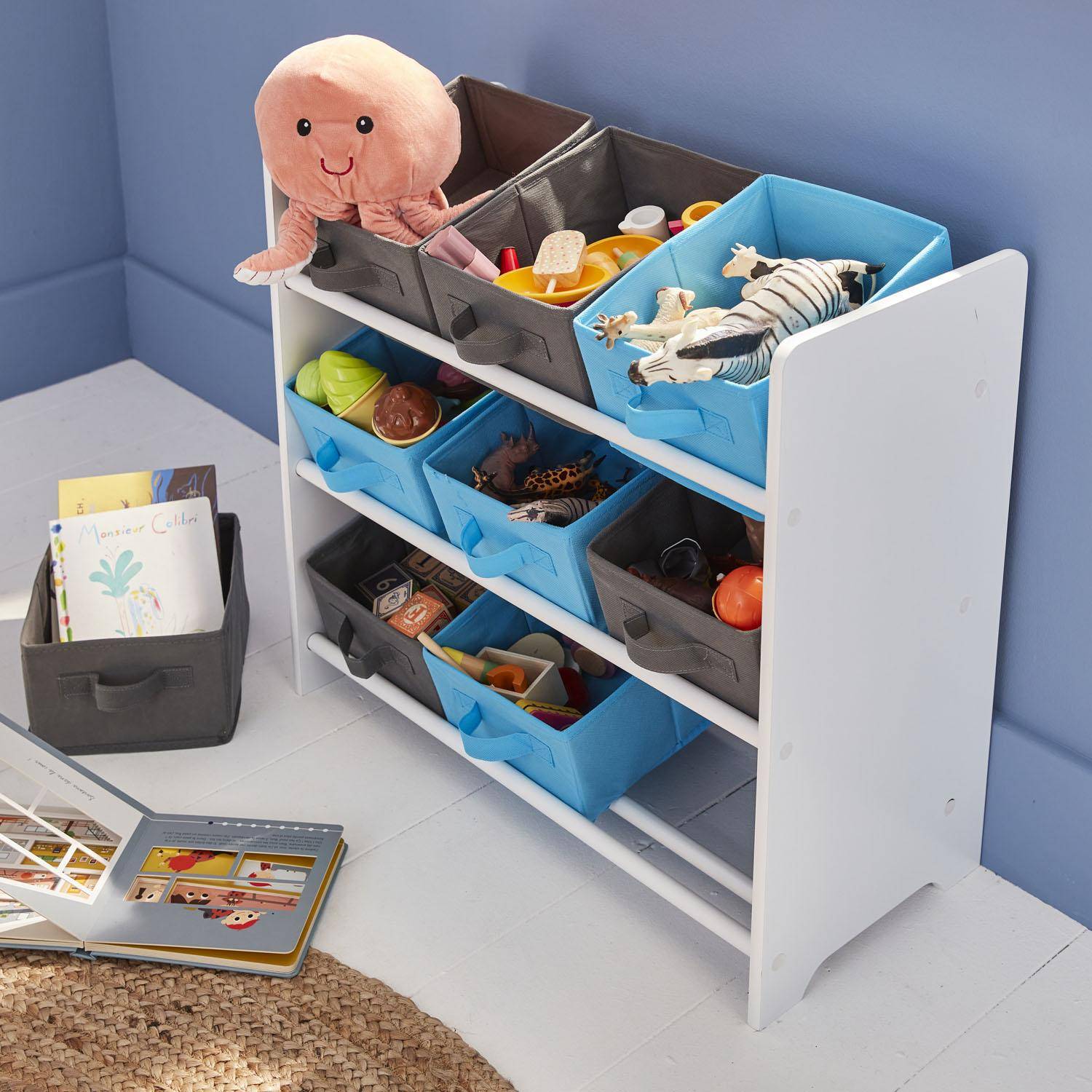 Storage combination with 9 boxes for kids toy, 65x30x59.5cm - Camille - Grey and Blue,sweeek,Photo2