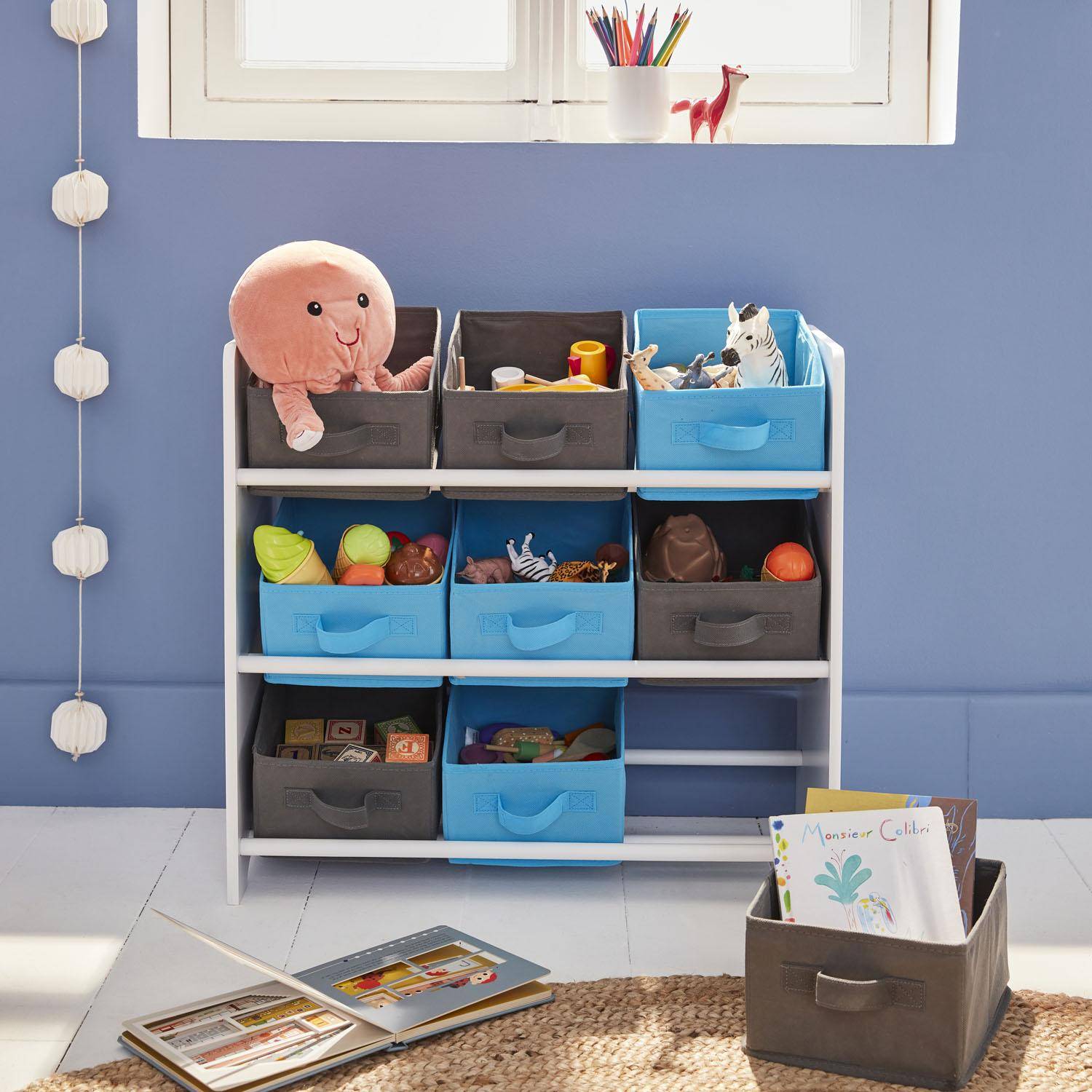 Storage combination with 9 boxes for kids toy, 65x30x59.5cm - Camille - Grey and Blue Photo1