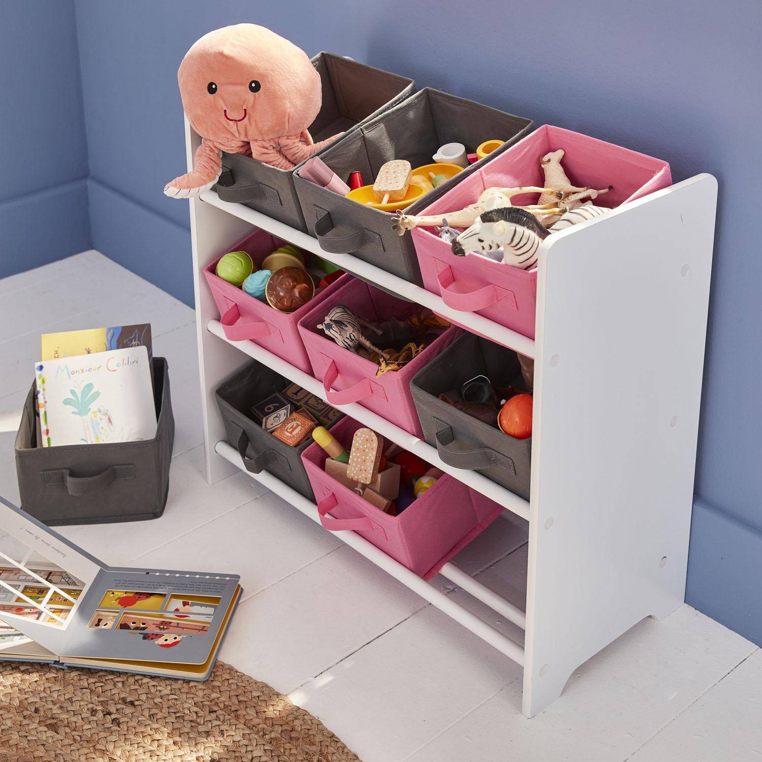 Mueble de almacenaje para niño, blanco - Camilo - con 3 estantes y 9 cestas  grises y azules