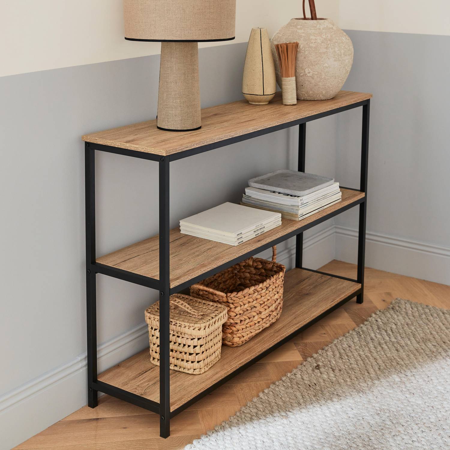 Low 3 shelf metal and wood effect bookcase, 120x30x80cm  - Loft - Black Photo1