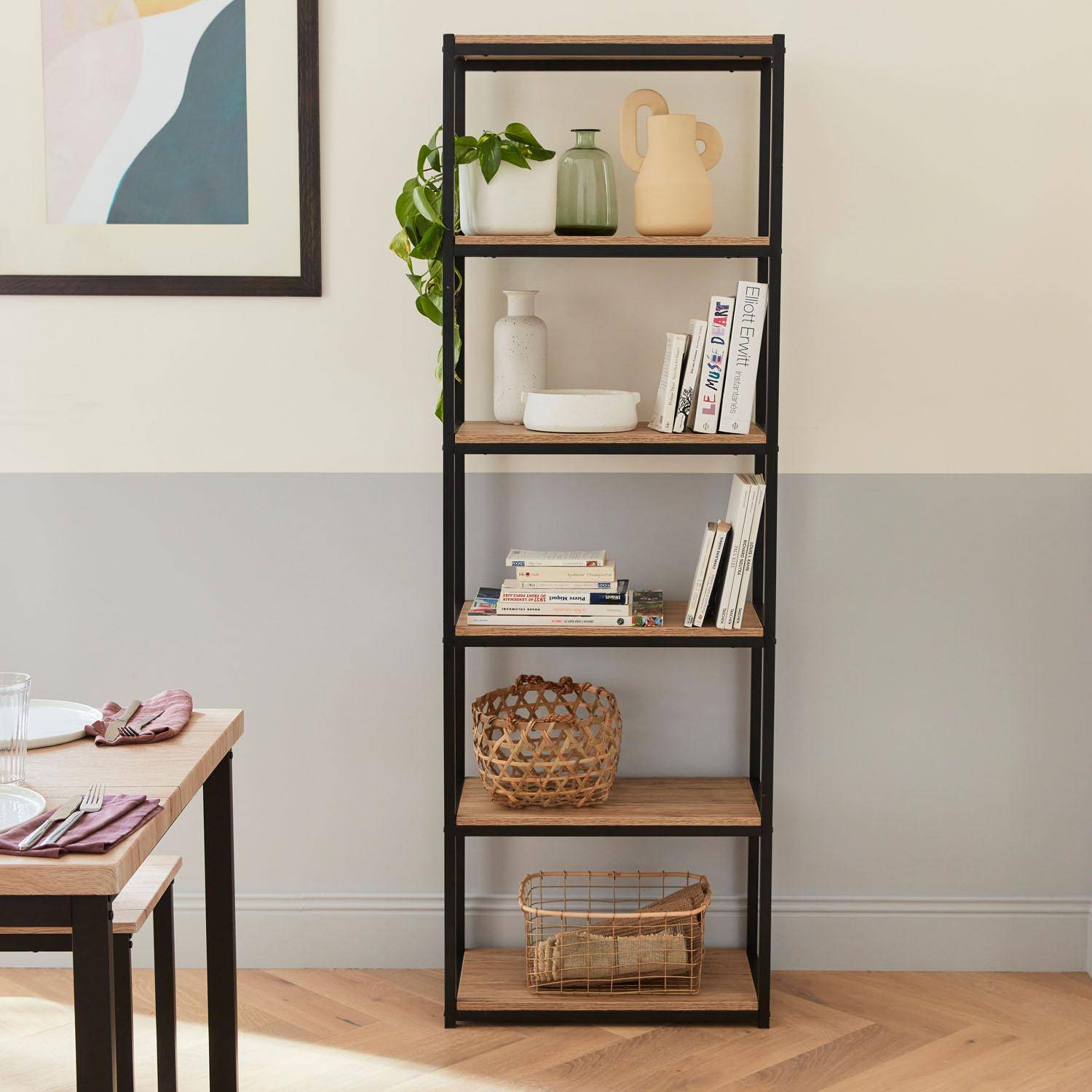 Tall 6 shelf metal and wood effect bookcase - Loft - 60x30x180cm Photo1