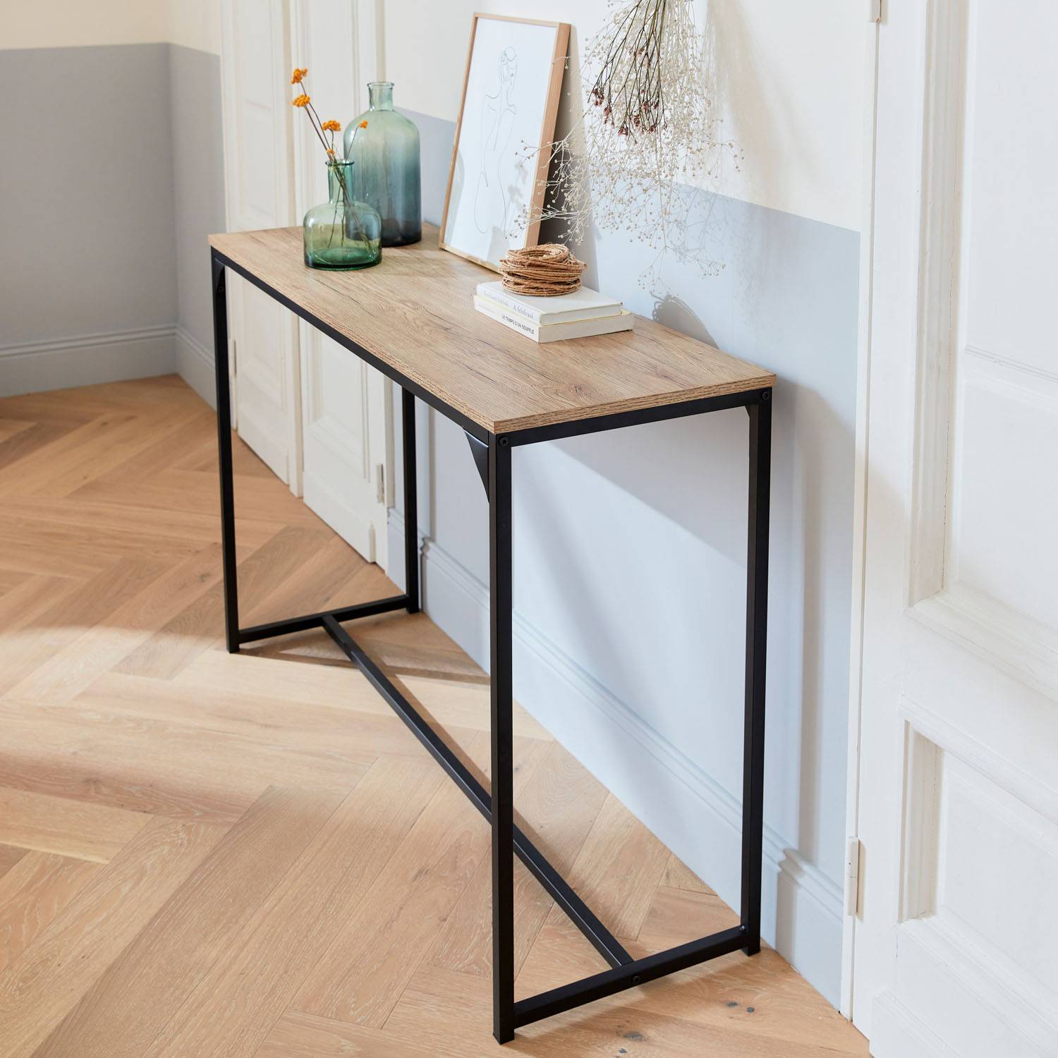 Metal and wood-effect console table, Black | sweeek