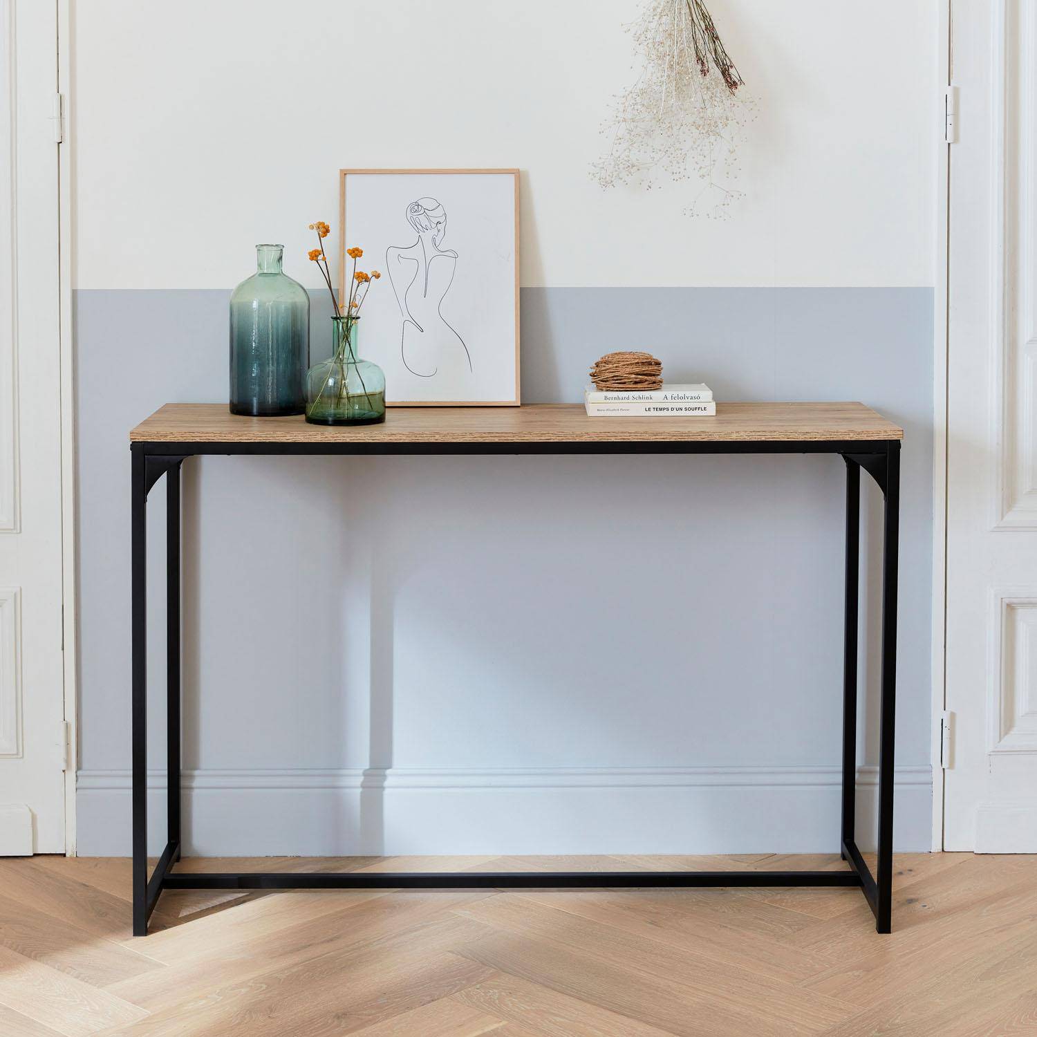 Console en métal noir et décor bois, 120x39x79cm - Loft -  table d'appoint avec 1 barre de renfort ,sweeek,Photo2