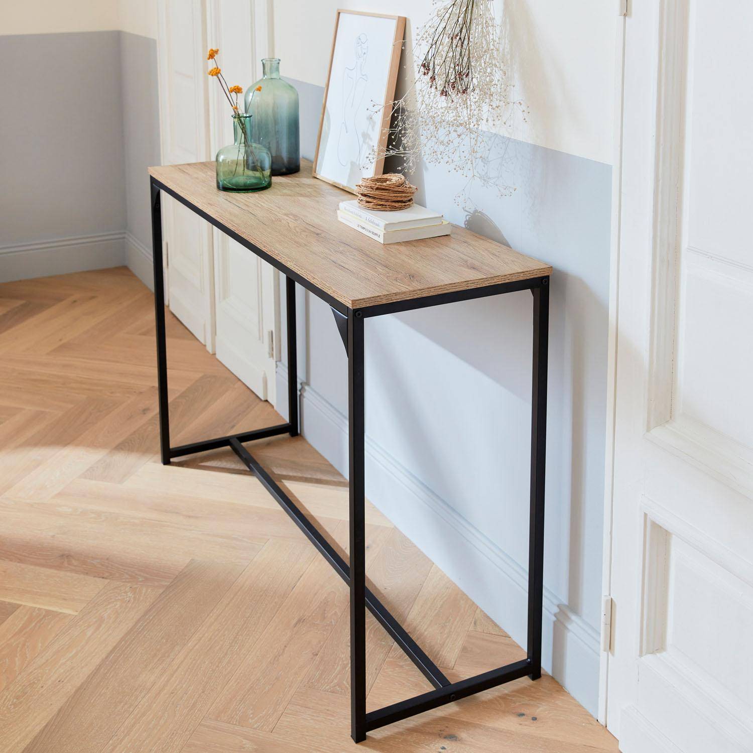 Metal and wood-style hallway console table with industrial metal legs 120cm - Loft - Black Photo1