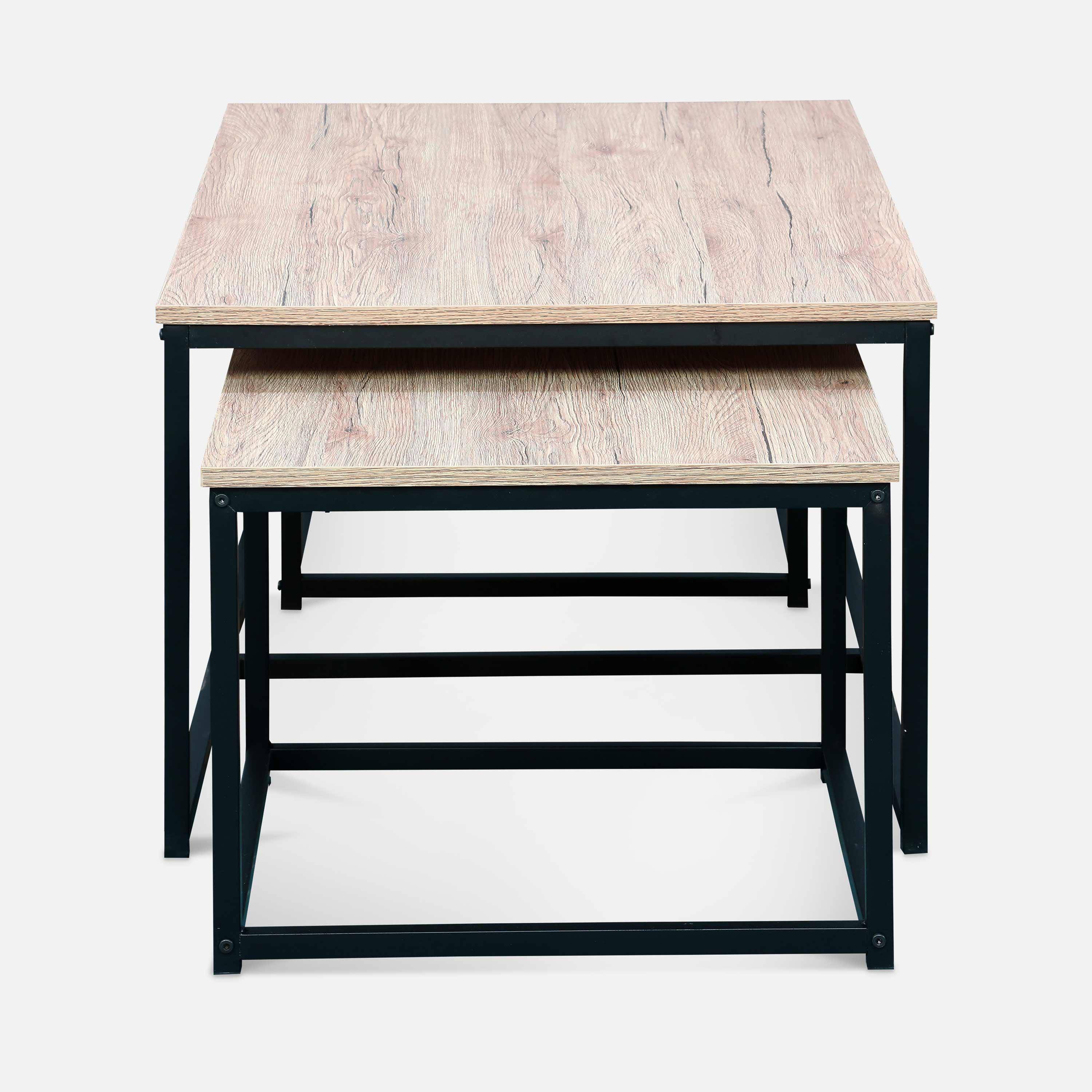 Set van 3 salontafels van zwart metaal en houtlook, inschuifbaar, 1x100x60x45cm / 2x50x50x38cm,sweeek,Photo5