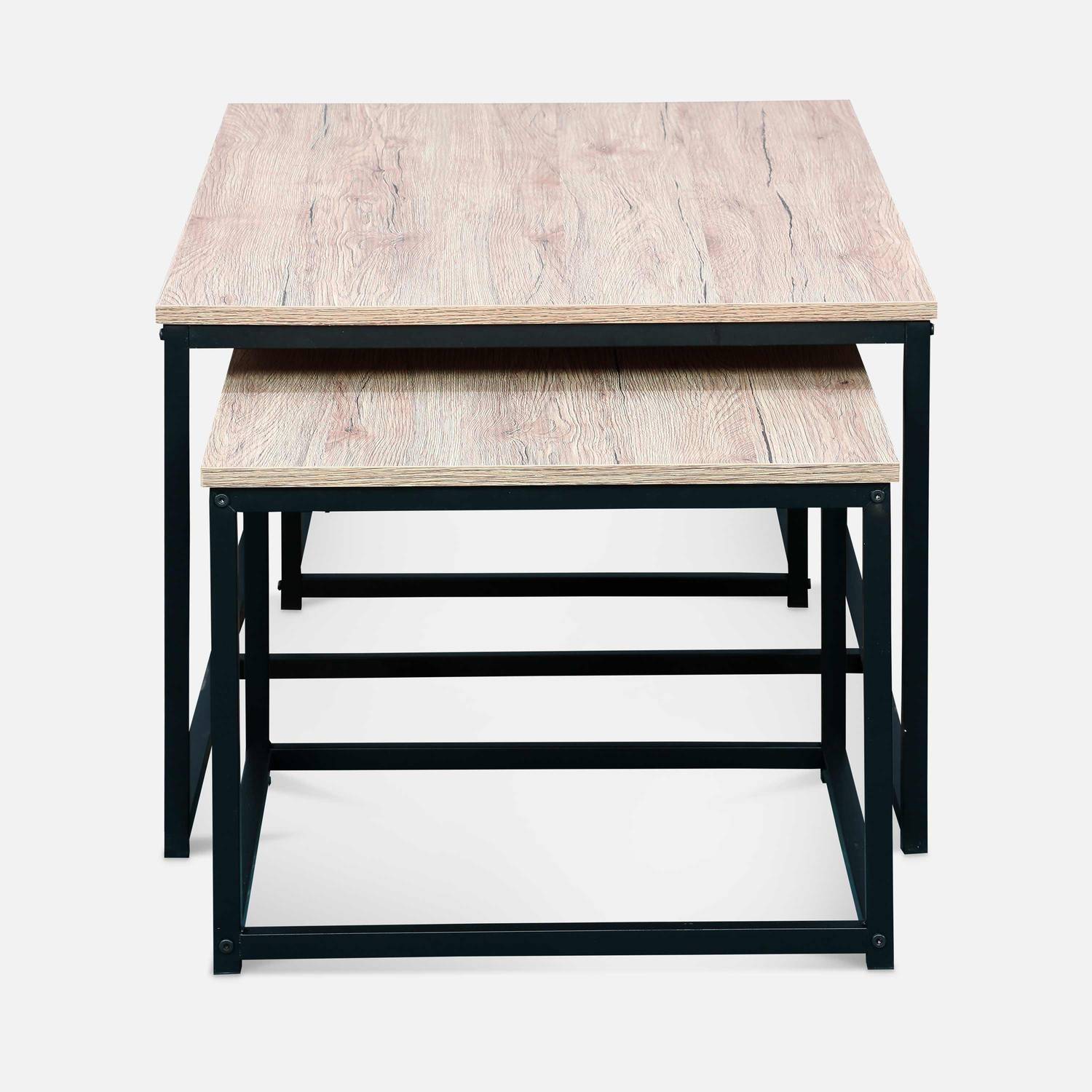 Conjunto de 3 mesas de encaixe em metal preto, decoração em madeira - Loft - encastráveis, 1x100x45x60cm / 2x50x50x38cm Photo5