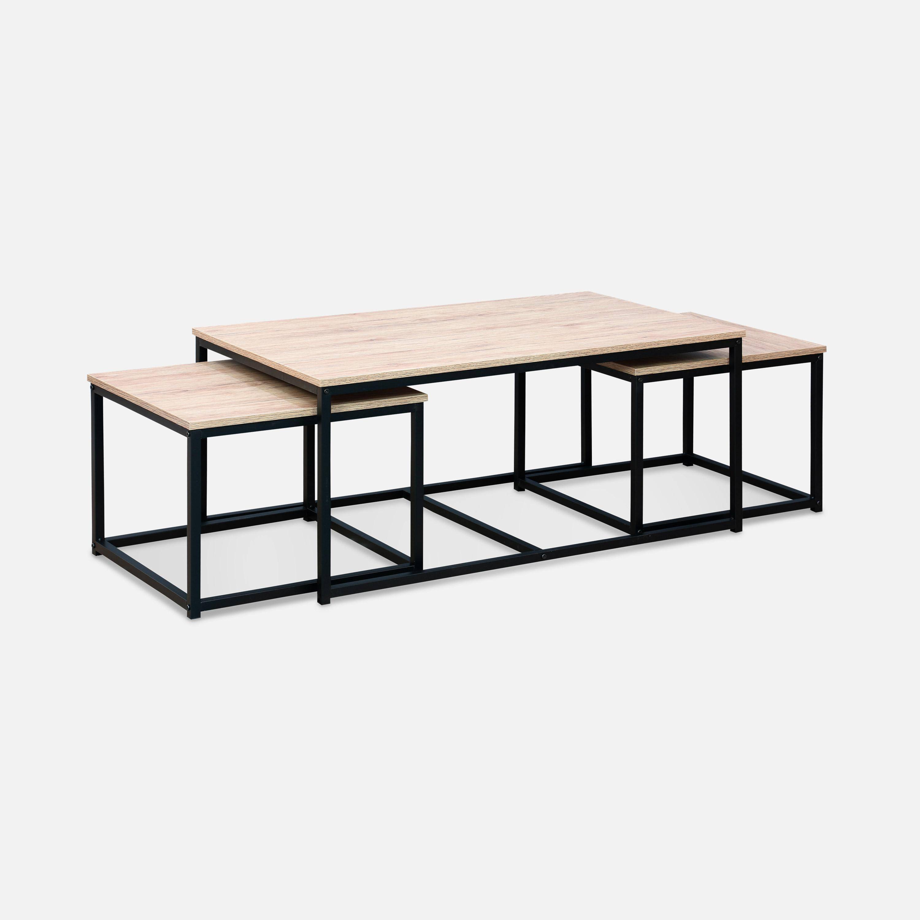 Set van 3 salontafels van zwart metaal en houtlook, inschuifbaar, 1x100x60x45cm / 2x50x50x38cm,sweeek,Photo3