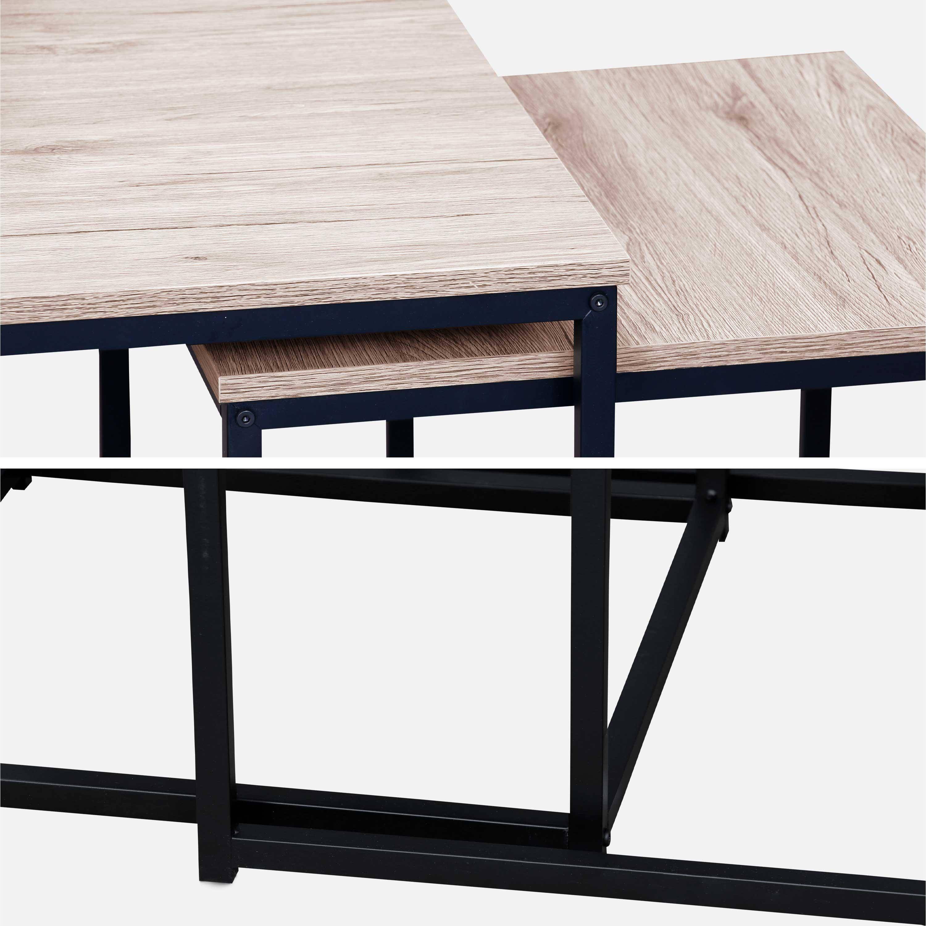 Set van 3 salontafels van zwart metaal en houtlook, inschuifbaar, 1x100x60x45cm / 2x50x50x38cm,sweeek,Photo8