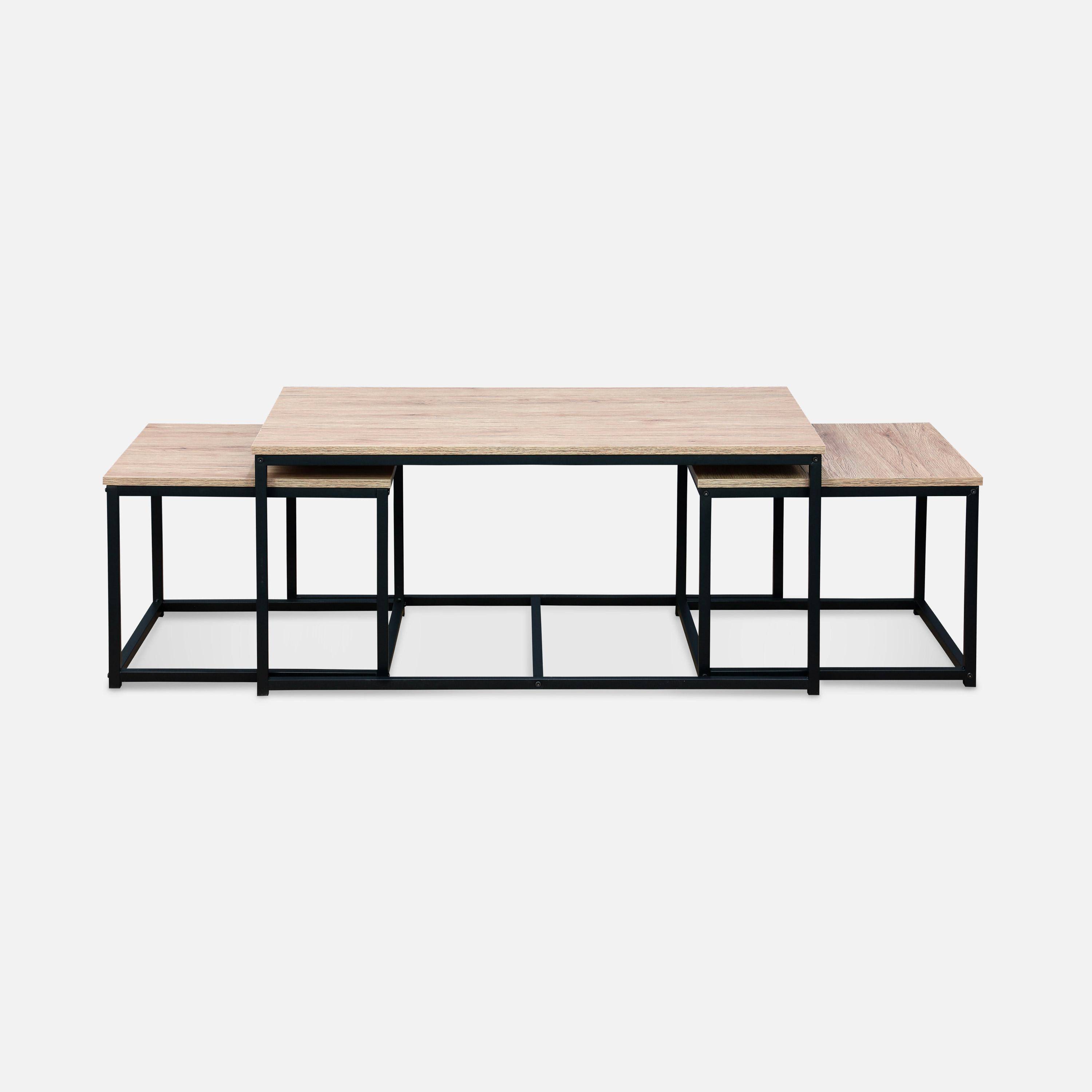 Set van 3 salontafels van zwart metaal en houtlook, inschuifbaar, 1x100x60x45cm / 2x50x50x38cm,sweeek,Photo4