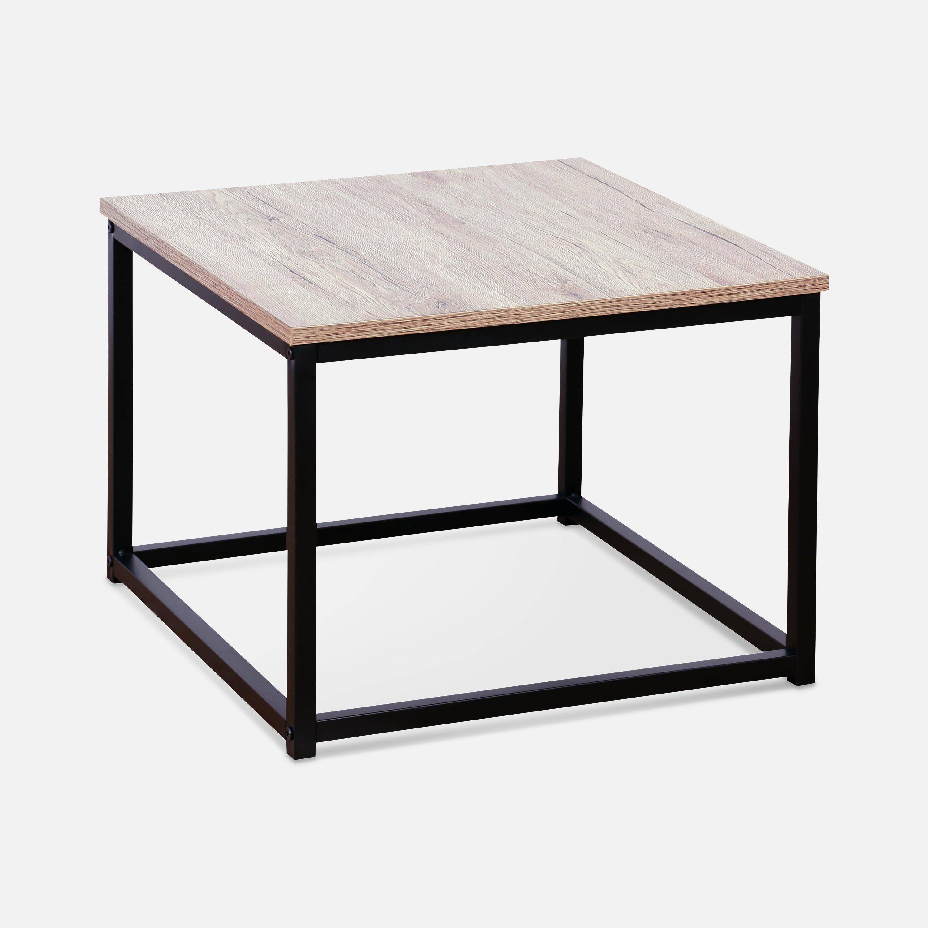 Set van 3 salontafels van zwart metaal en houtlook, inschuifbaar, 1x100x60x45cm / 2x50x50x38cm,sweeek,Photo7