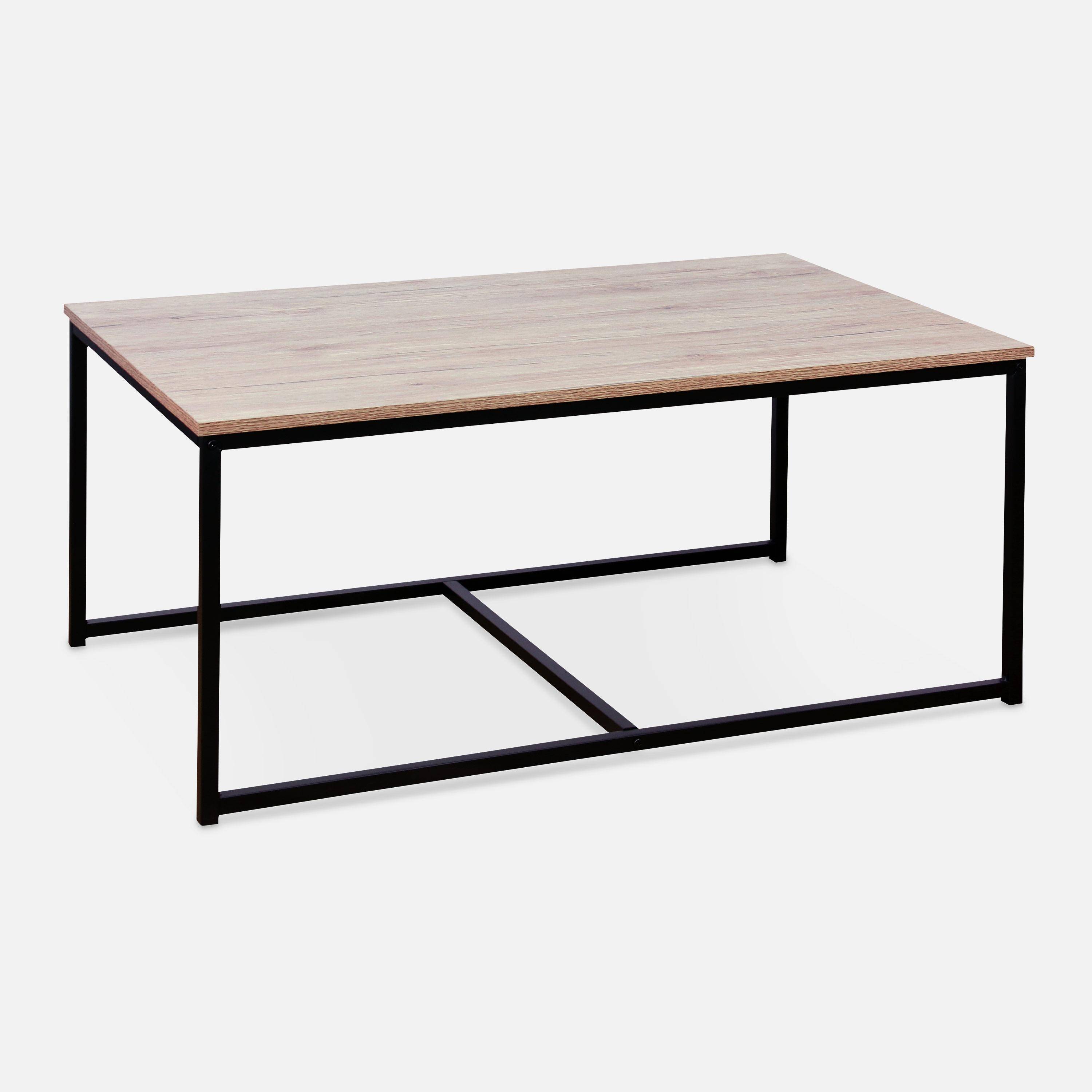 Set van 3 salontafels van zwart metaal en houtlook, inschuifbaar, 1x100x60x45cm / 2x50x50x38cm,sweeek,Photo6