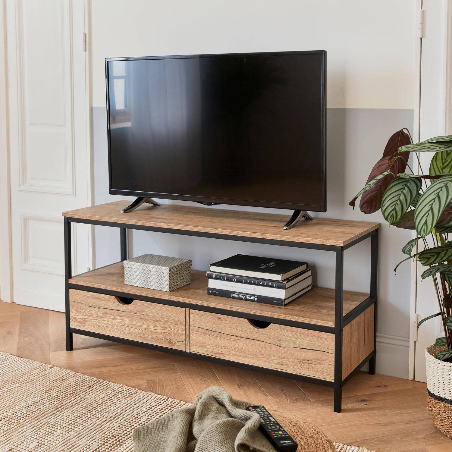 Meuble TV en décor bois et métal 120x39x57cm - Loft - avec 2 tiroirs  Photo1
