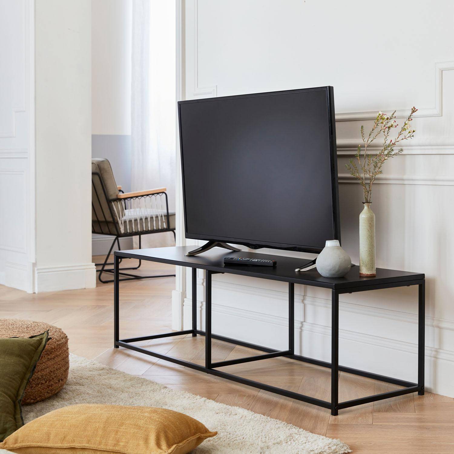 Wood and black metal deals tv stand