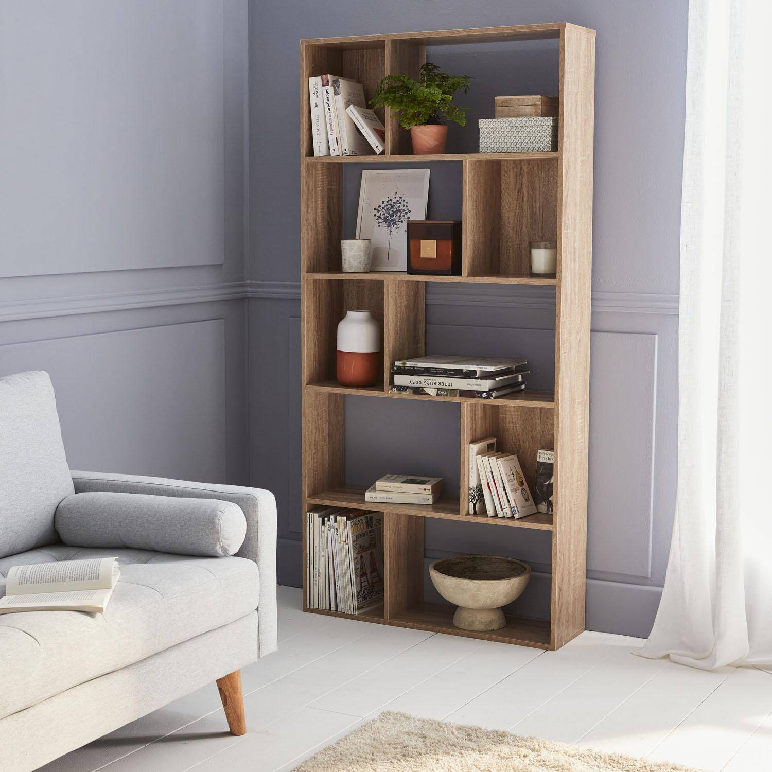 Asymmetrical design bookcase - Pieter - 5 shelves, 10 storage compartments, 83x23x173cm Photo1