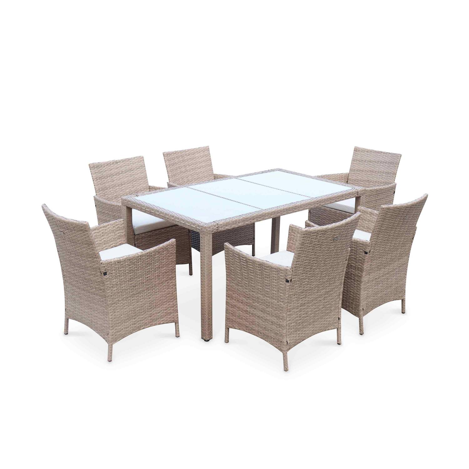 Gartengarnitur 6 Personen - Tavola 6 Natur/Beige - Kunststoffrattan, 150 cm Tisch, beige Kissen, 6 Sessel Photo1